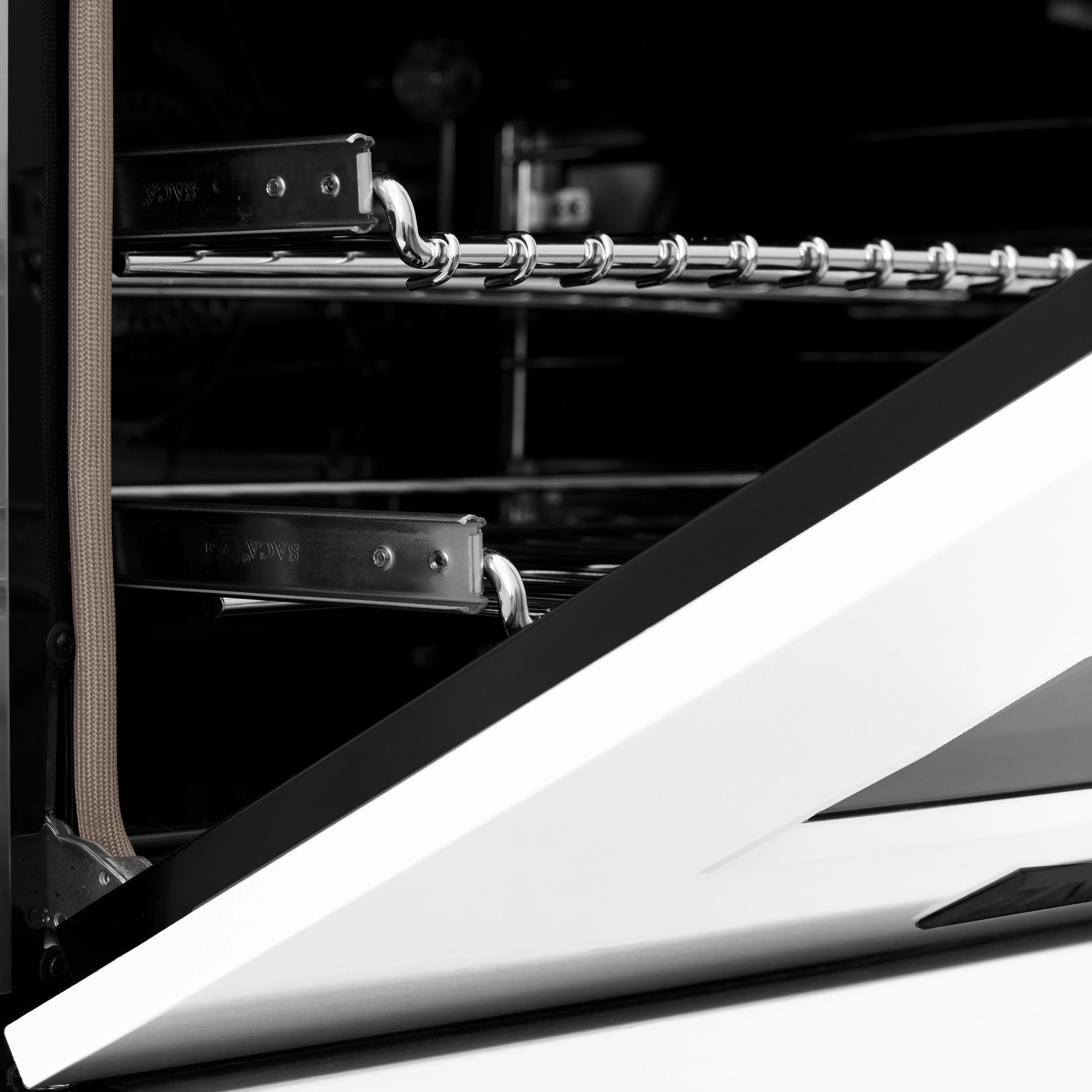 Oven door interior edge with chrome racks and heat-resistant liner