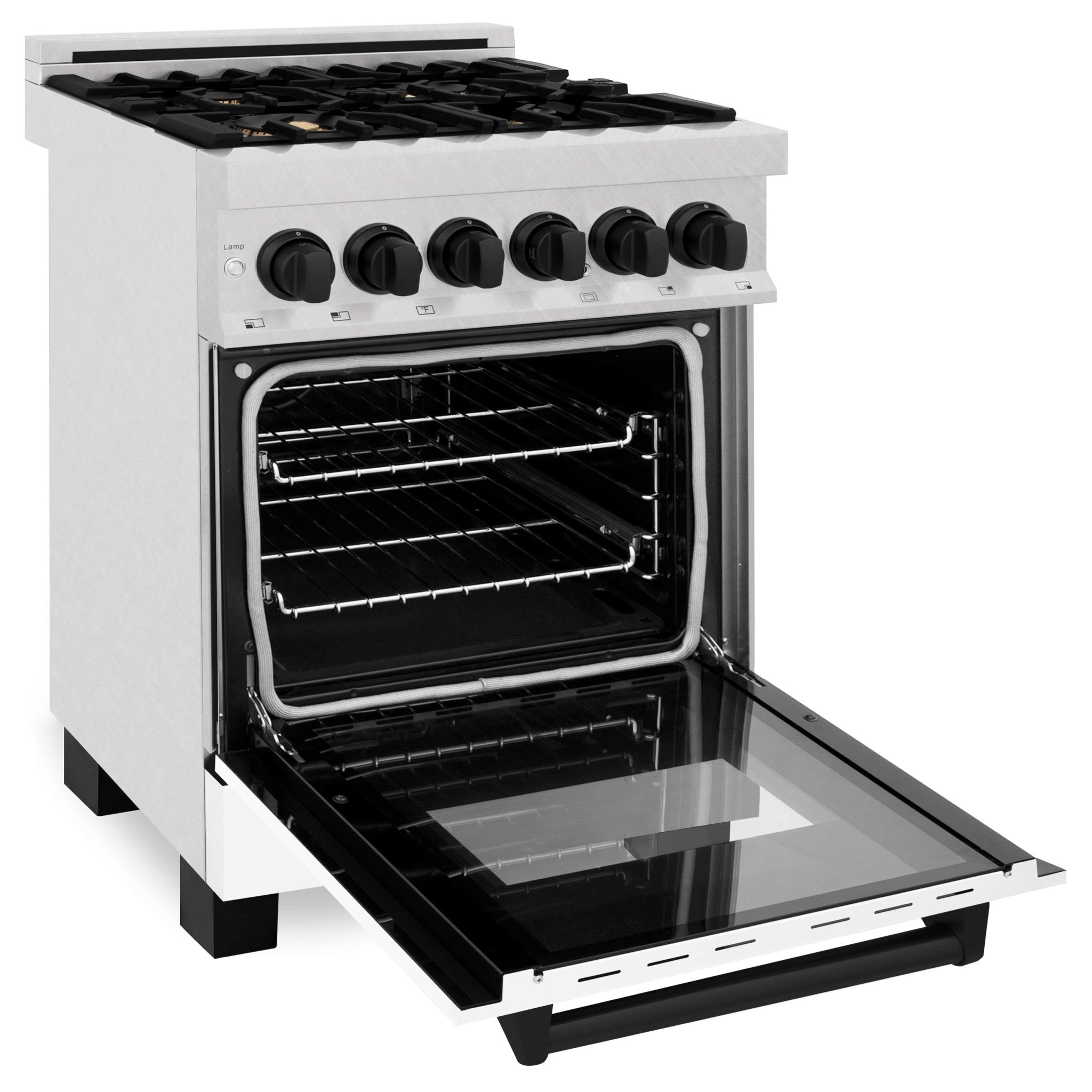 Dual fuel range with open oven, black interior racks and pull-out drawer
