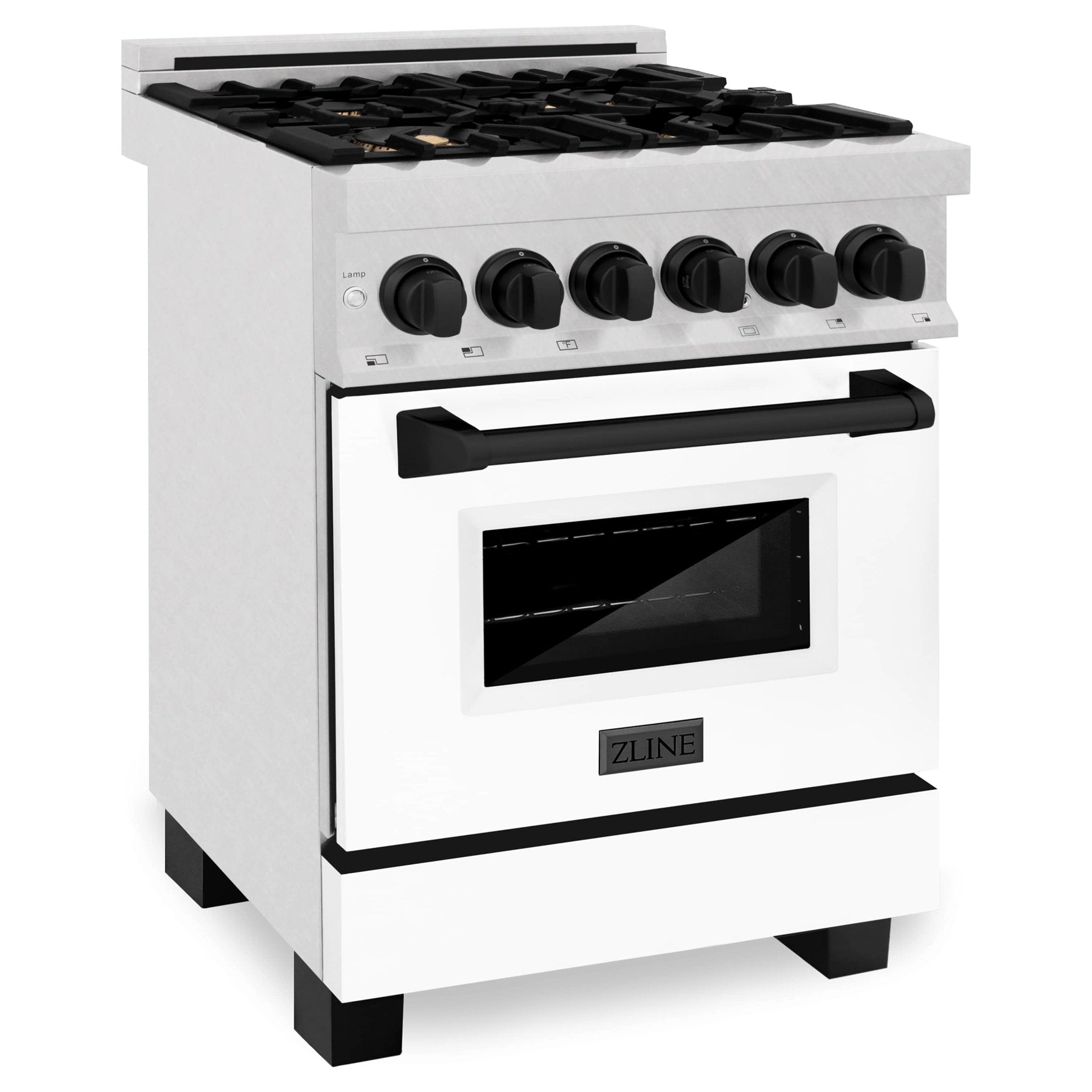 White dual fuel range with black burner knobs and oven handle