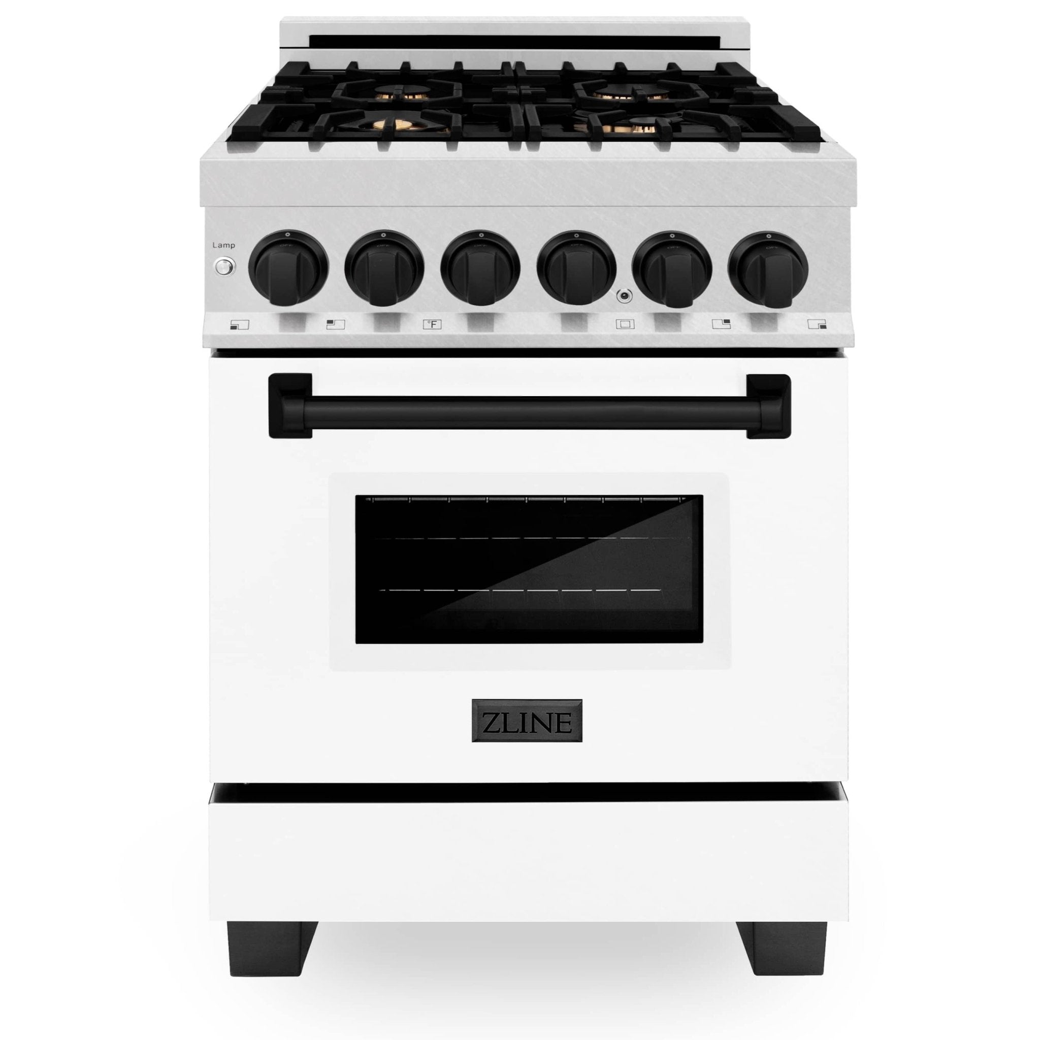 White dual fuel range front with black burner grates and oven door
