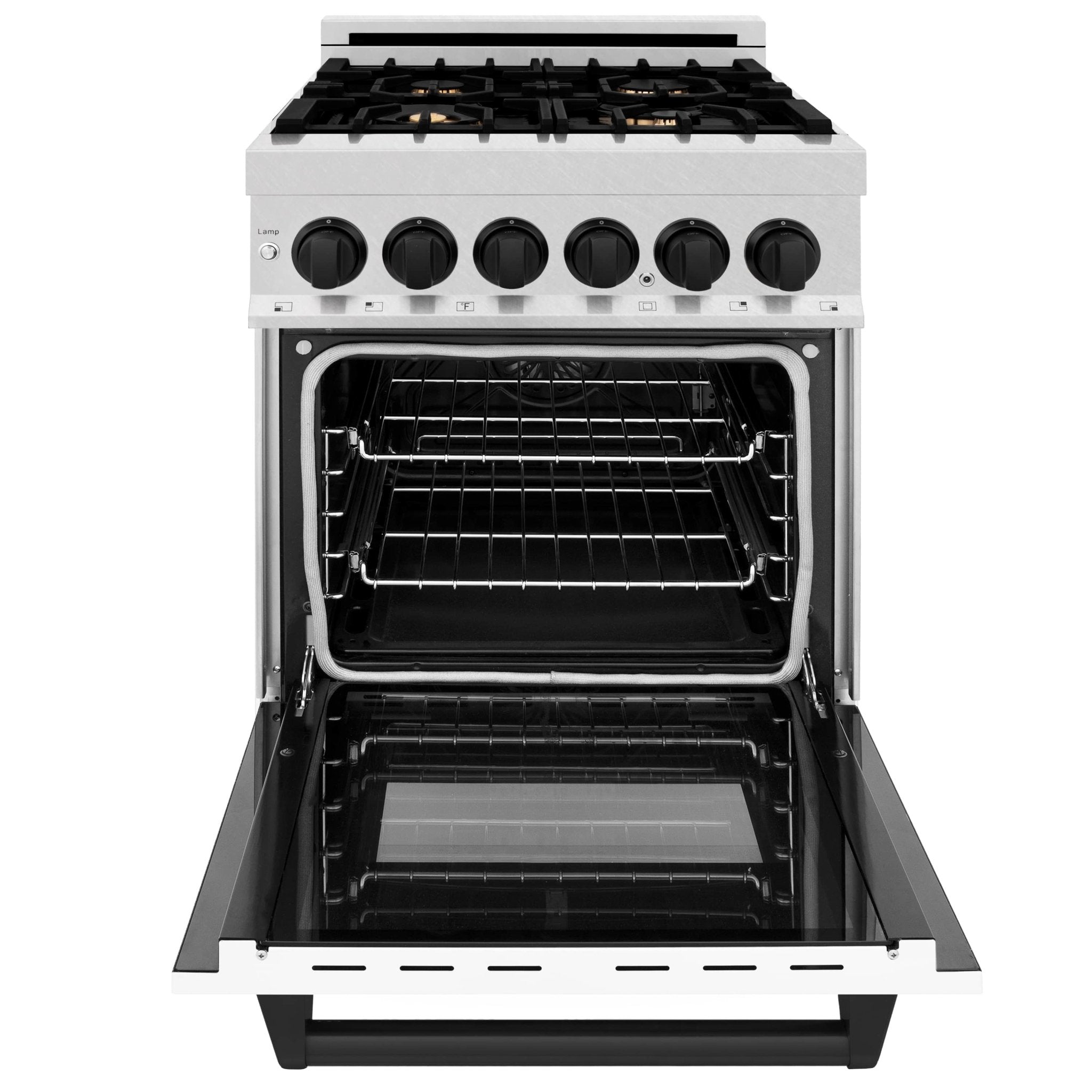 Dual fuel gas range with open oven door, black racks and satin stainless steel body