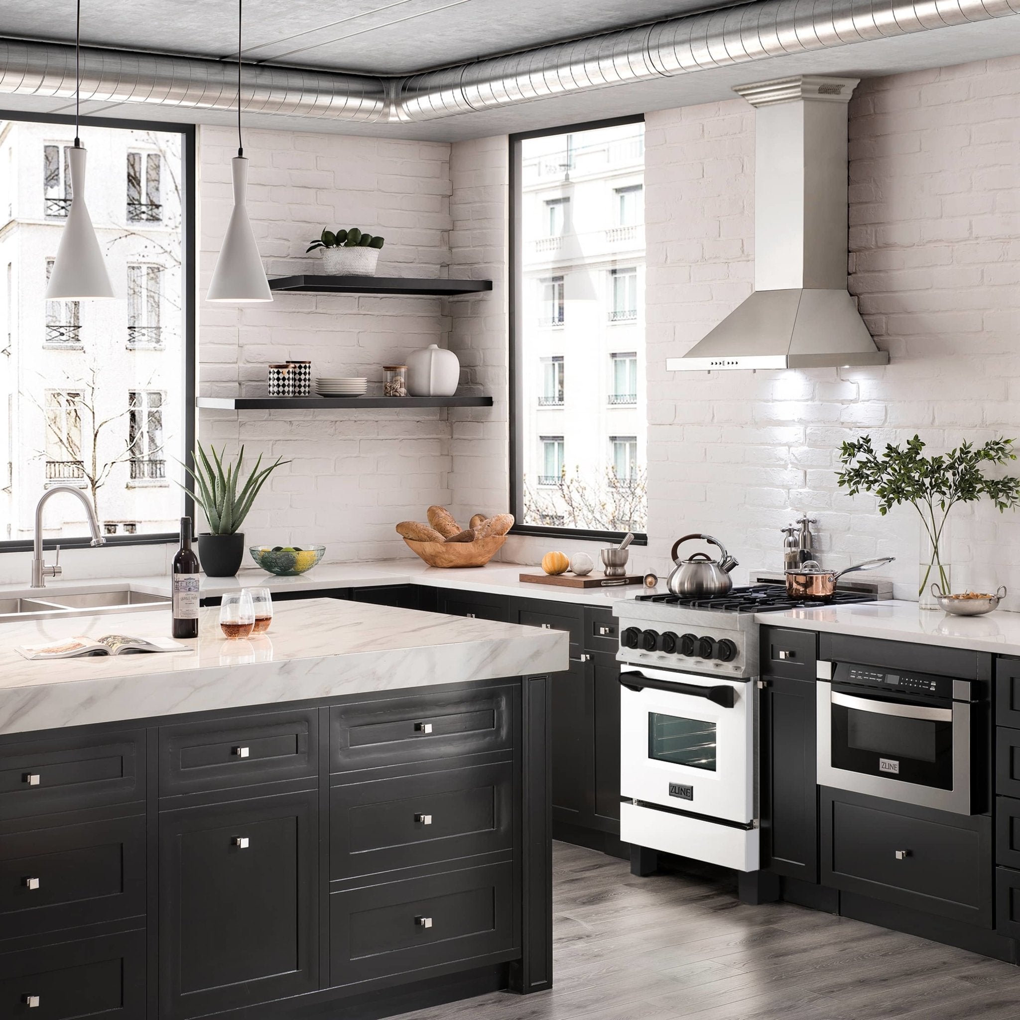 Dual fuel range with white oven door and black glass with black control panel