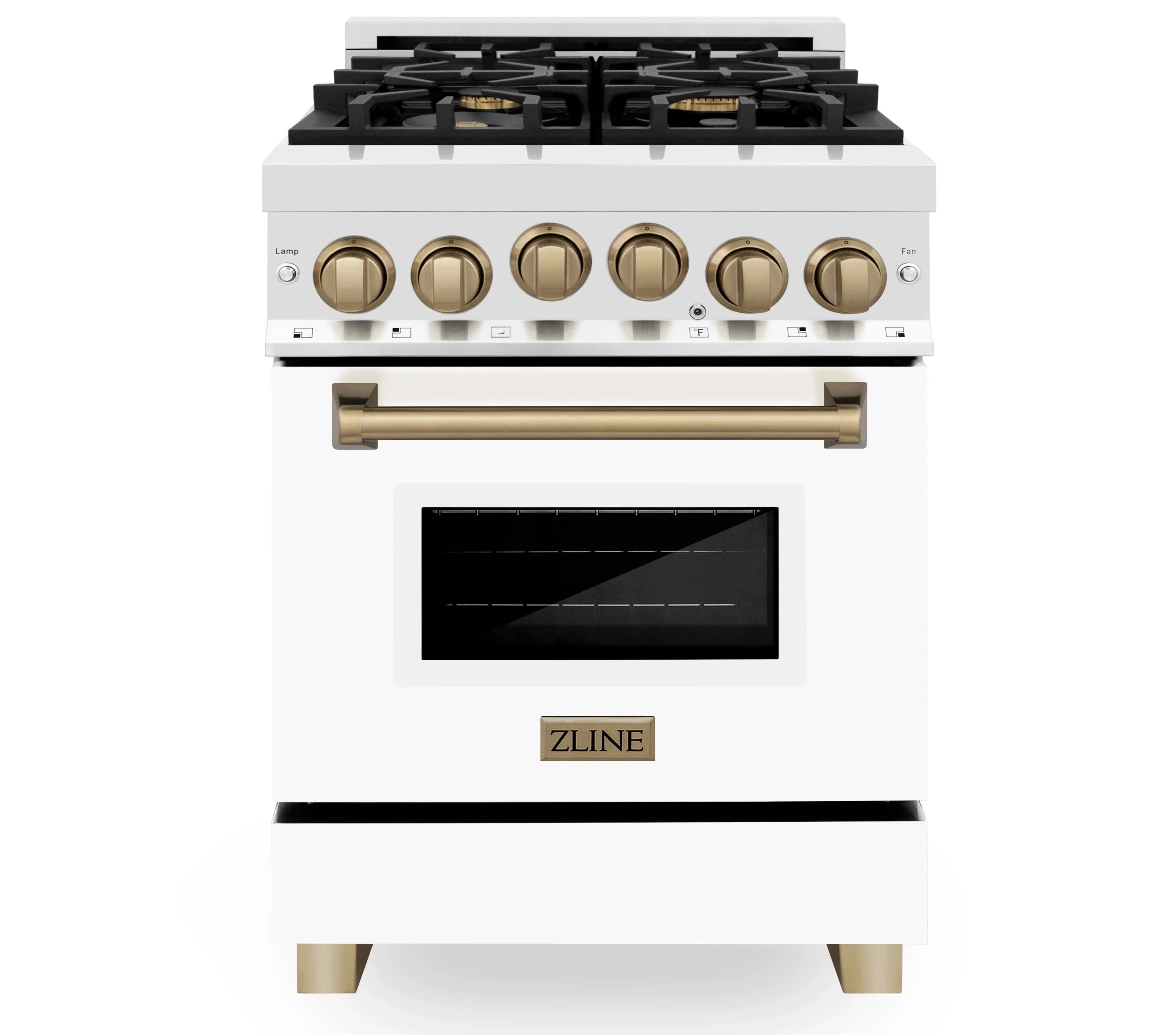 Stainless and white dual fuel range with bronze control knobs and oven door window