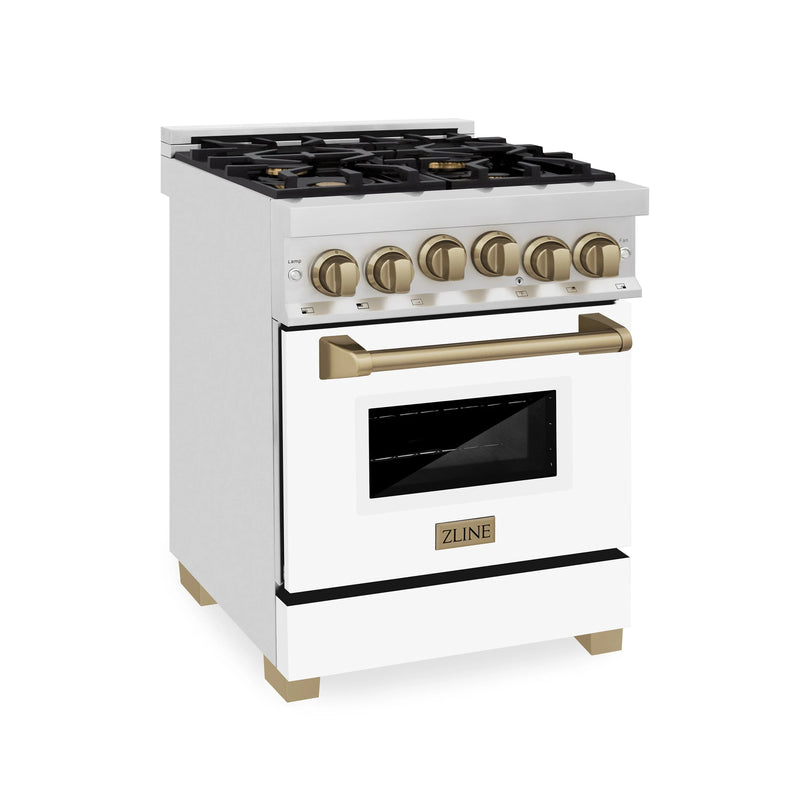 ZLINE Autograph Edition 24" 2.8 cu. ft. Dual Fuel Range with Gas Stove and Electric Oven in Stainless Steel with White Matte Door and Champagne Bronze Accents (RAZ-WM-24-CB) Ranges ZLINE 
