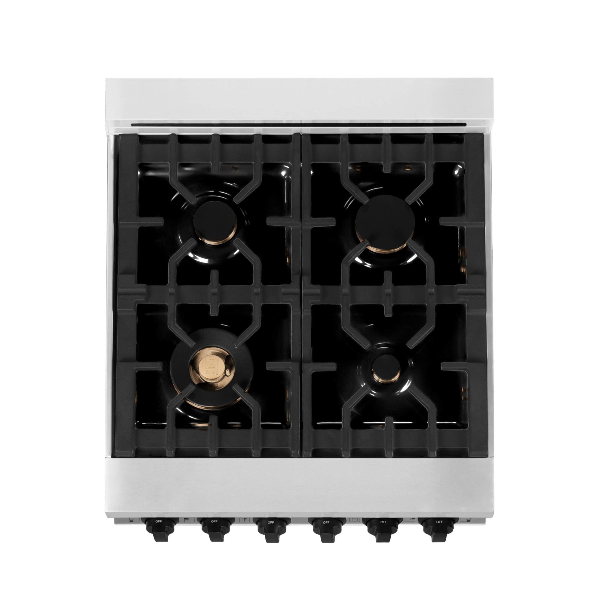 Dual fuel range cooktop view with four black grates and brass burner caps