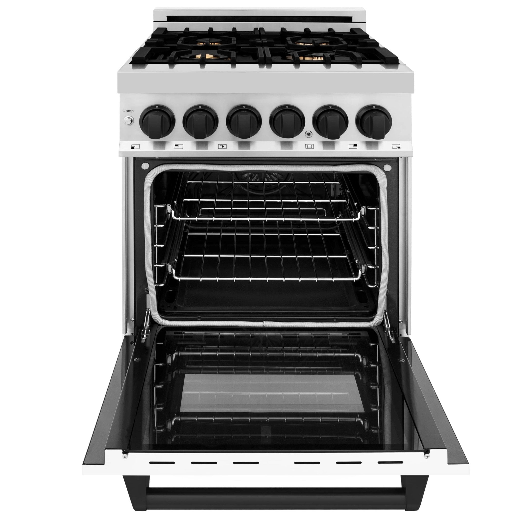 Dual fuel range with open oven door, black interior racks, and white control panel