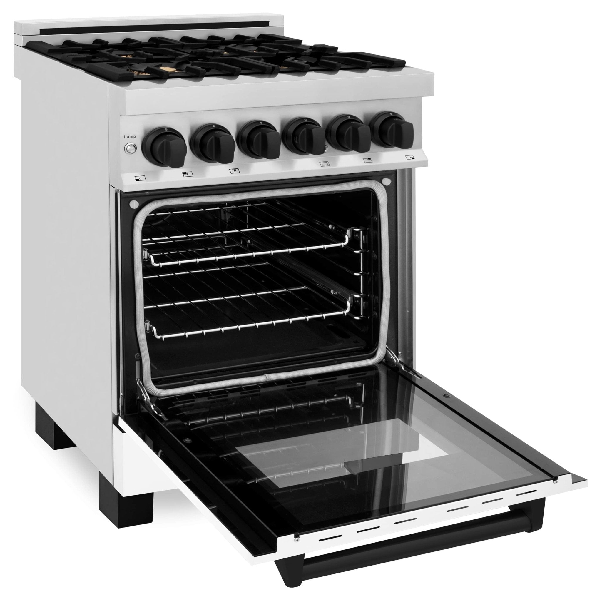Dual-fuel range with open oven door showing black racks and interior