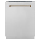 ZLINE Autograph Edition 4-Piece Appliance Package - 48-Inch Stainless Steel Gas Range, Refrigerator with Water Dispenser, Wall Mounted Range Hood, & 24-Inch Tall Tub Dishwasher in White Matte and Champagne Bronze Accents (4AKPR-SGRWMRHDWM48-CB)