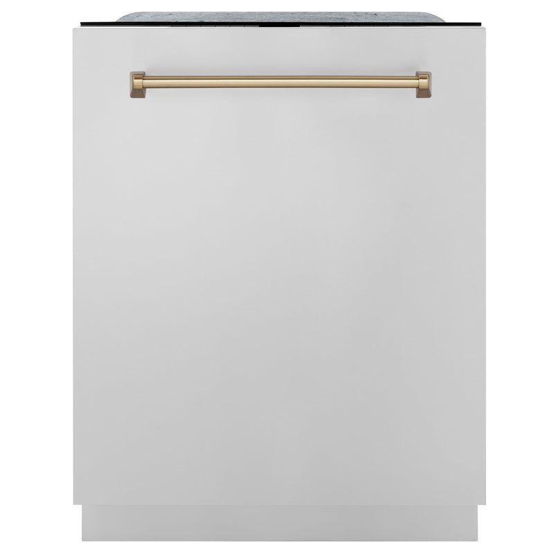 ZLINE 48-Inch Autograph Edition Kitchen Package with DuraSnow Stainless Steel Gas Range, Wall Mount Range Hood and Dishwasher with Champagne Bronze Accents (3AKPR-RGSRHDWM48-CB)
