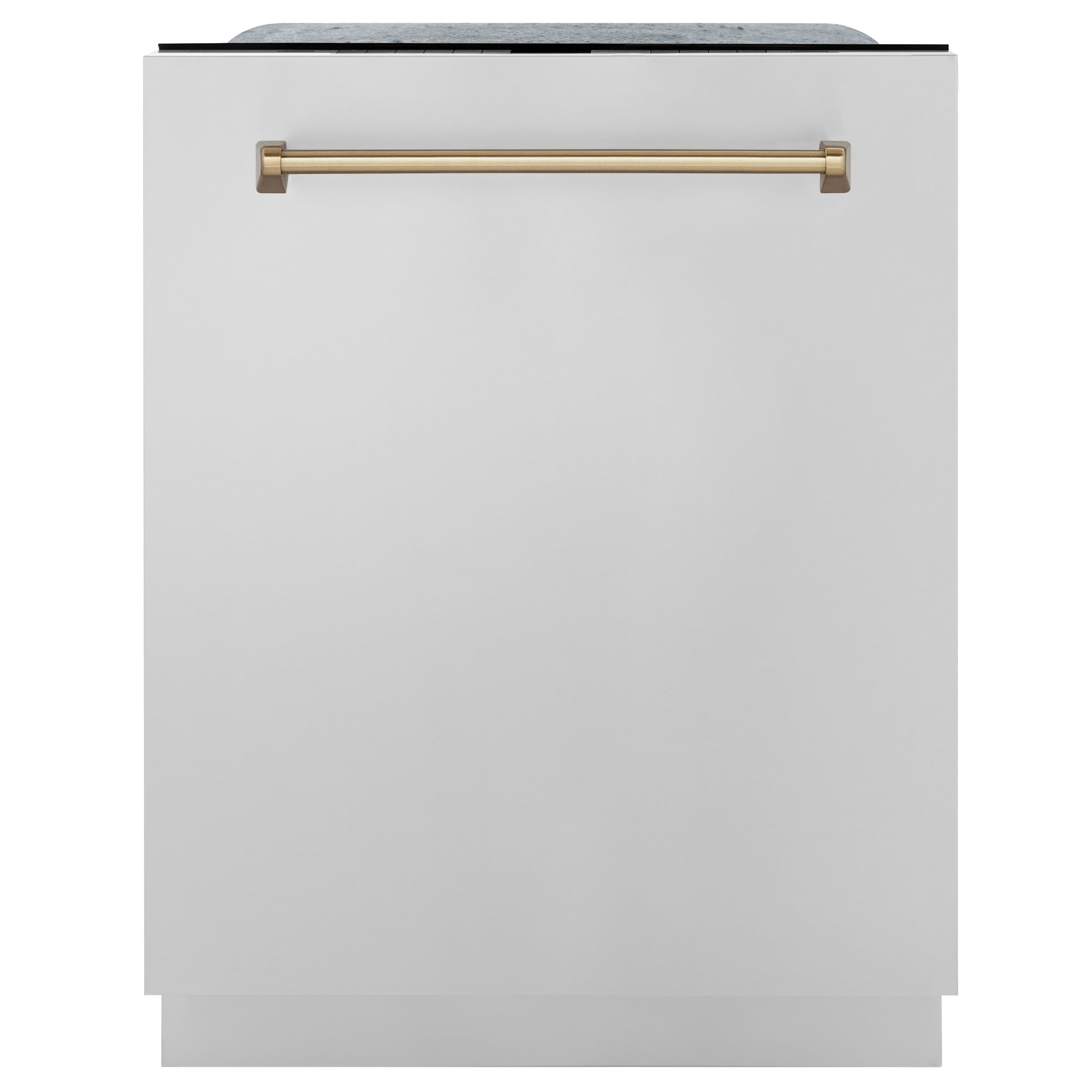Stainless steel dishwasher front panel with centered bronze pull handle