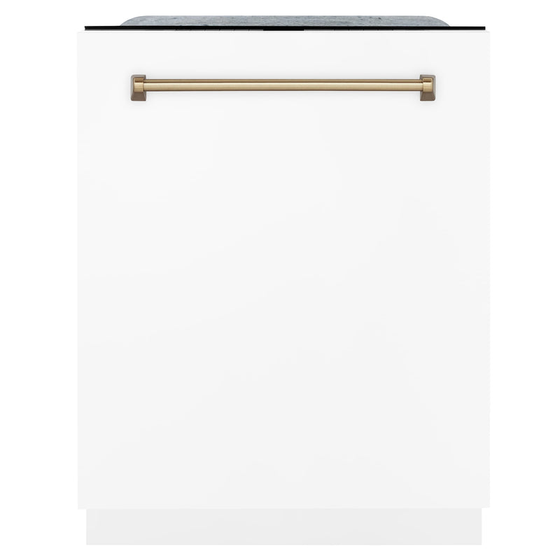 ZLINE 48-Inch Autograph Edition Kitchen Package with DuraSnow Stainless Steel Gas Range, Wall Mount Range Hood and Dishwasher in White Matte and Champagne Bronze Accents (3AKPR-RGSWMRHDWM48-CB)