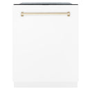 ZLINE 48-Inch Autograph Edition Kitchen Package with Satin Stainless Steel Gas Range, Wall Mount Range Hood and Dishwasher in White Matte and Gold Accents (3AKPR-SGRSWMRHDWM48-G)