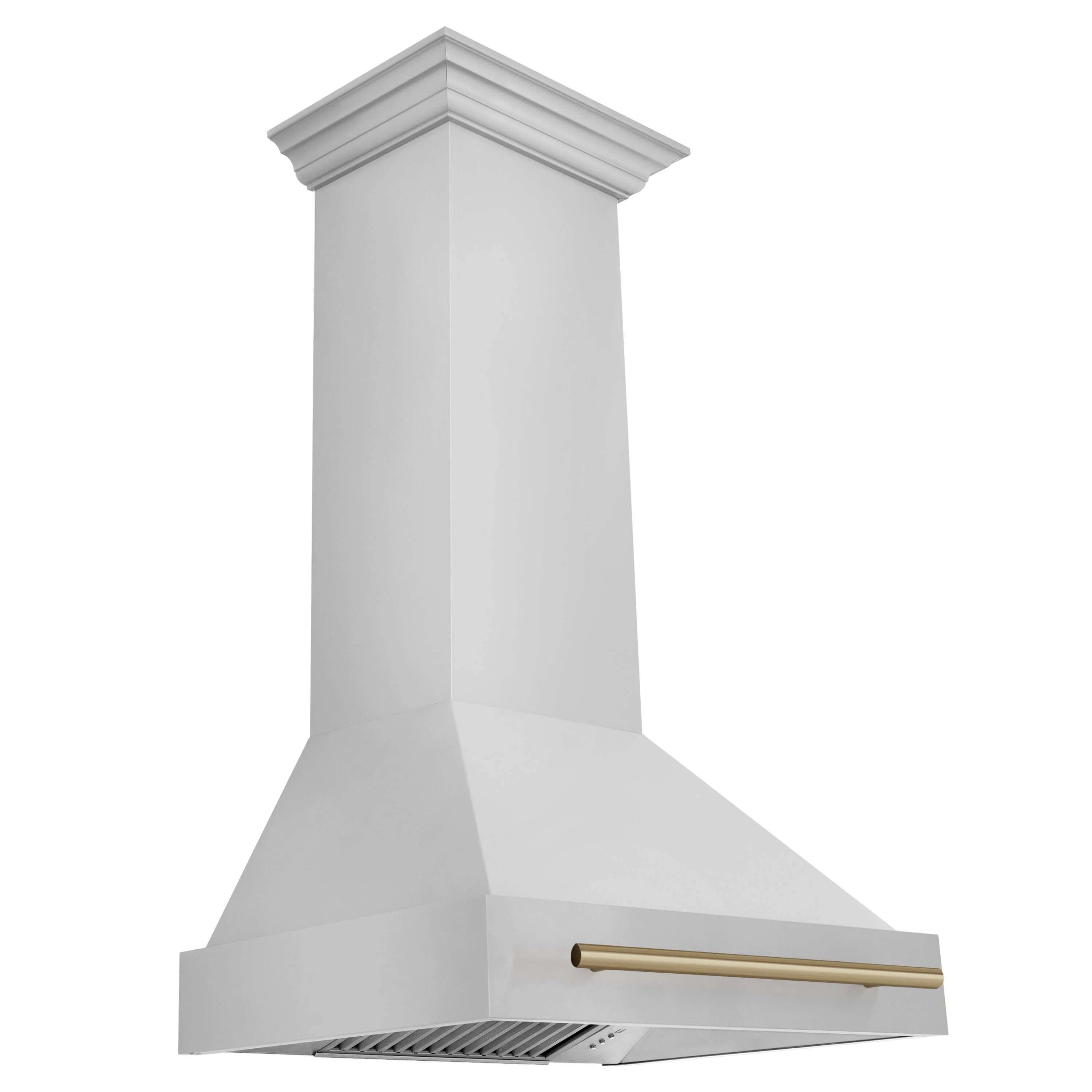 ZLINE chimney range hood with gold bar handle on white stainless body