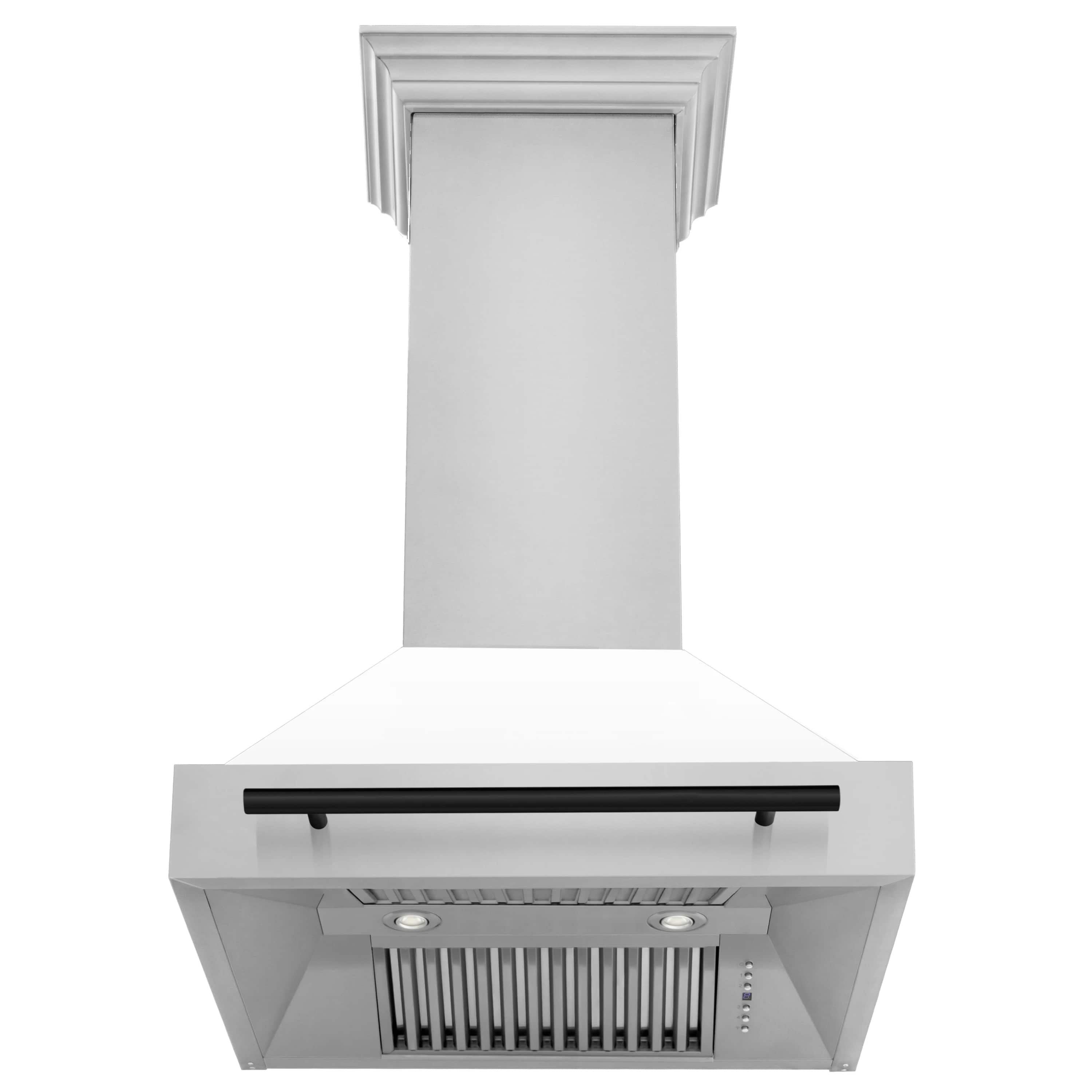 Chimney range hood with black control bar and vent panel in white