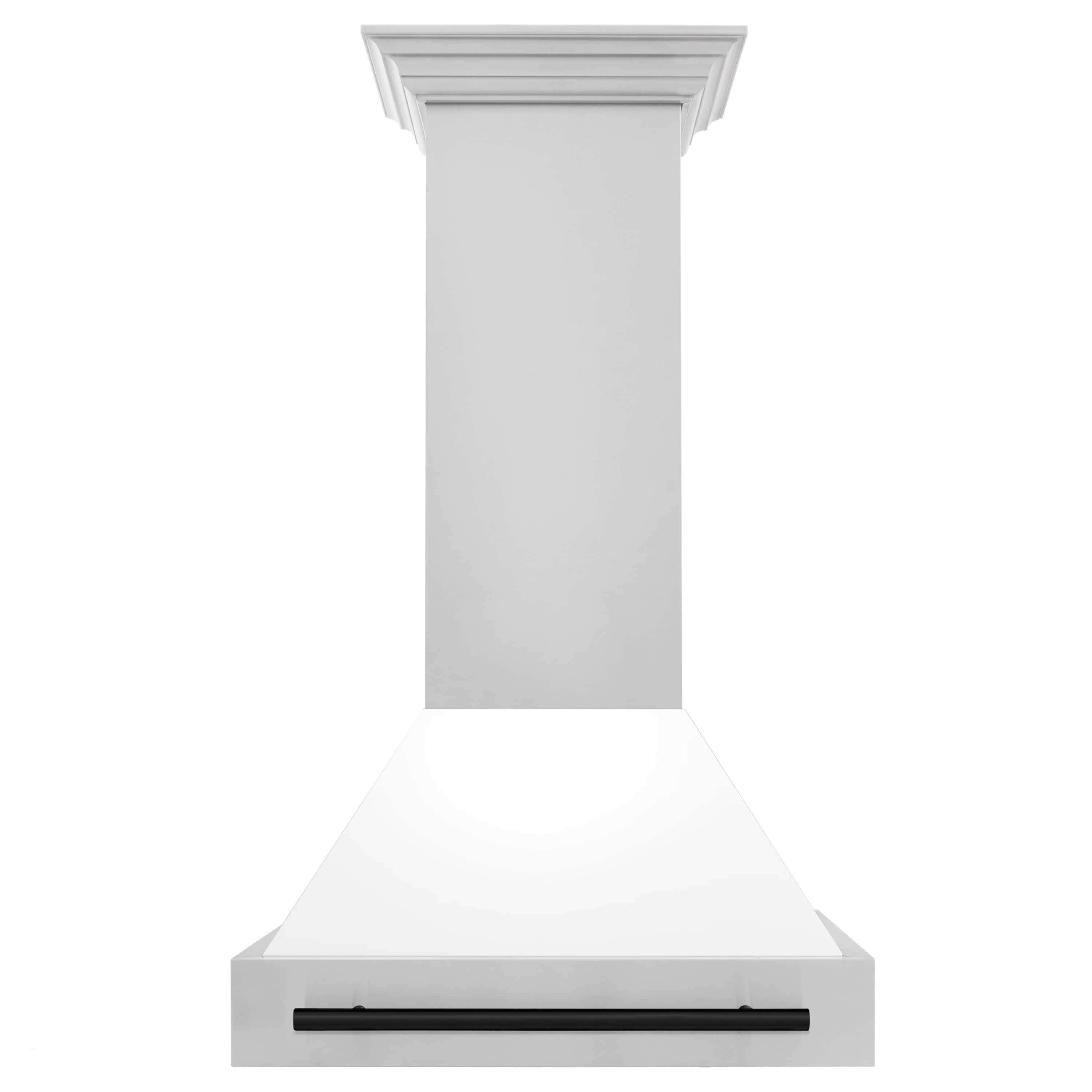 White chimney-style range hood with top vent opening and black bar