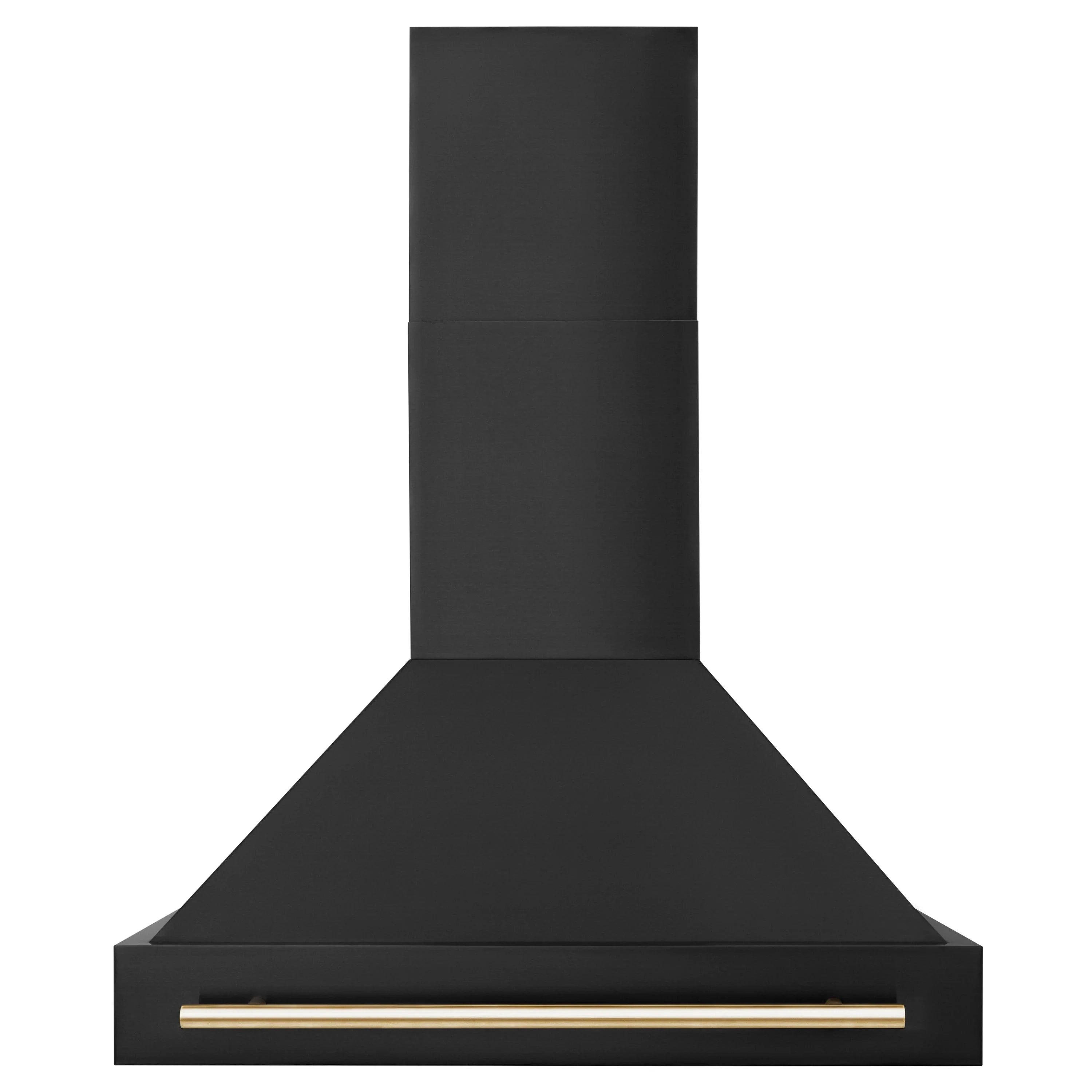 Black range hood with gold-trimmed front vent bar and vertical chimney body