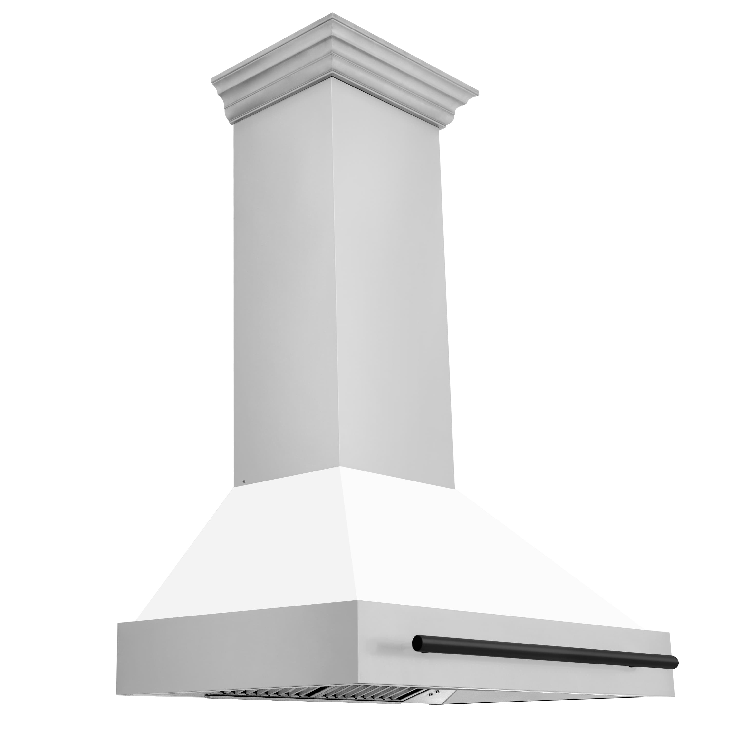 36-inch range hood with white chimney and integrated stainless vent section