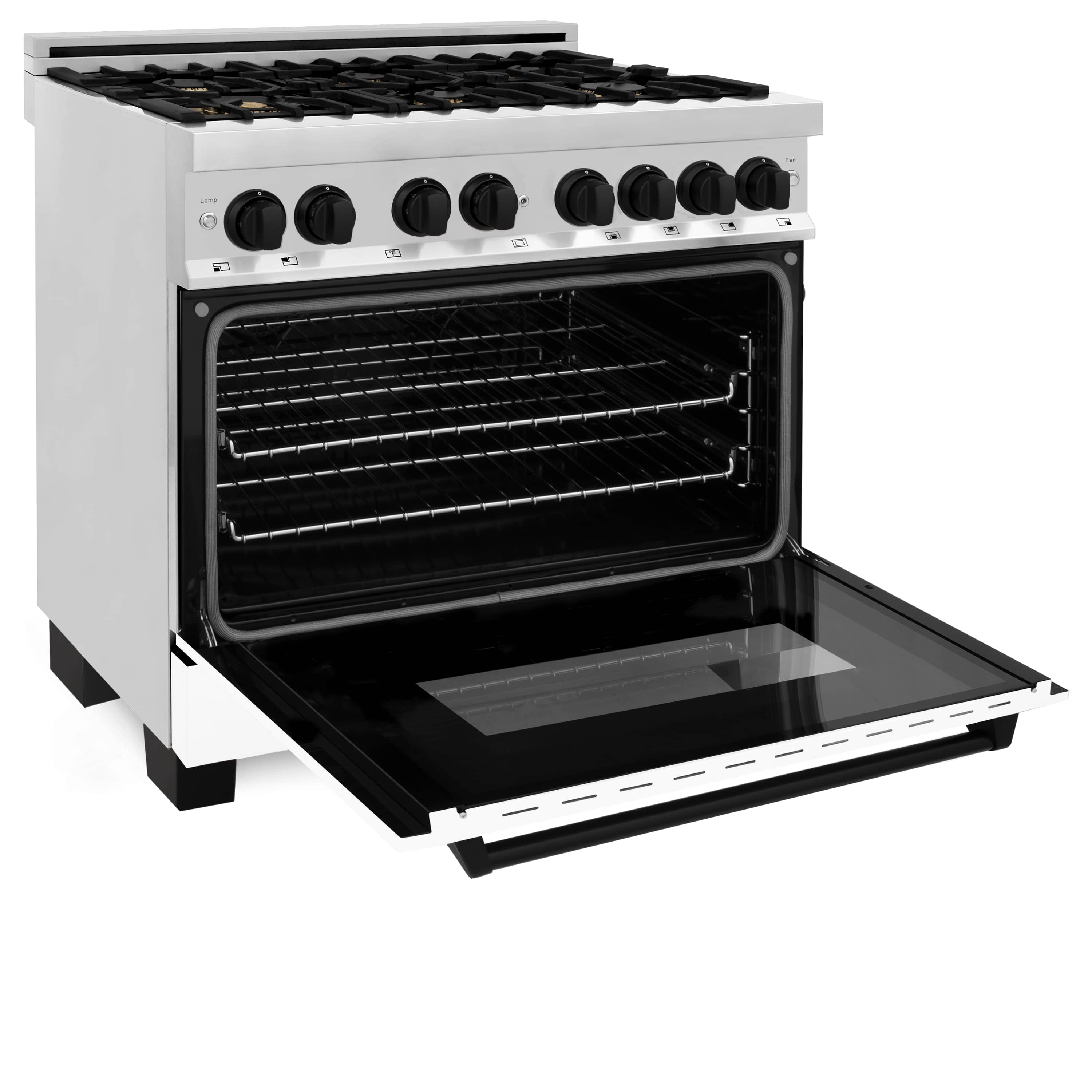 White freestanding gas range with oven door open and visible black oven interior