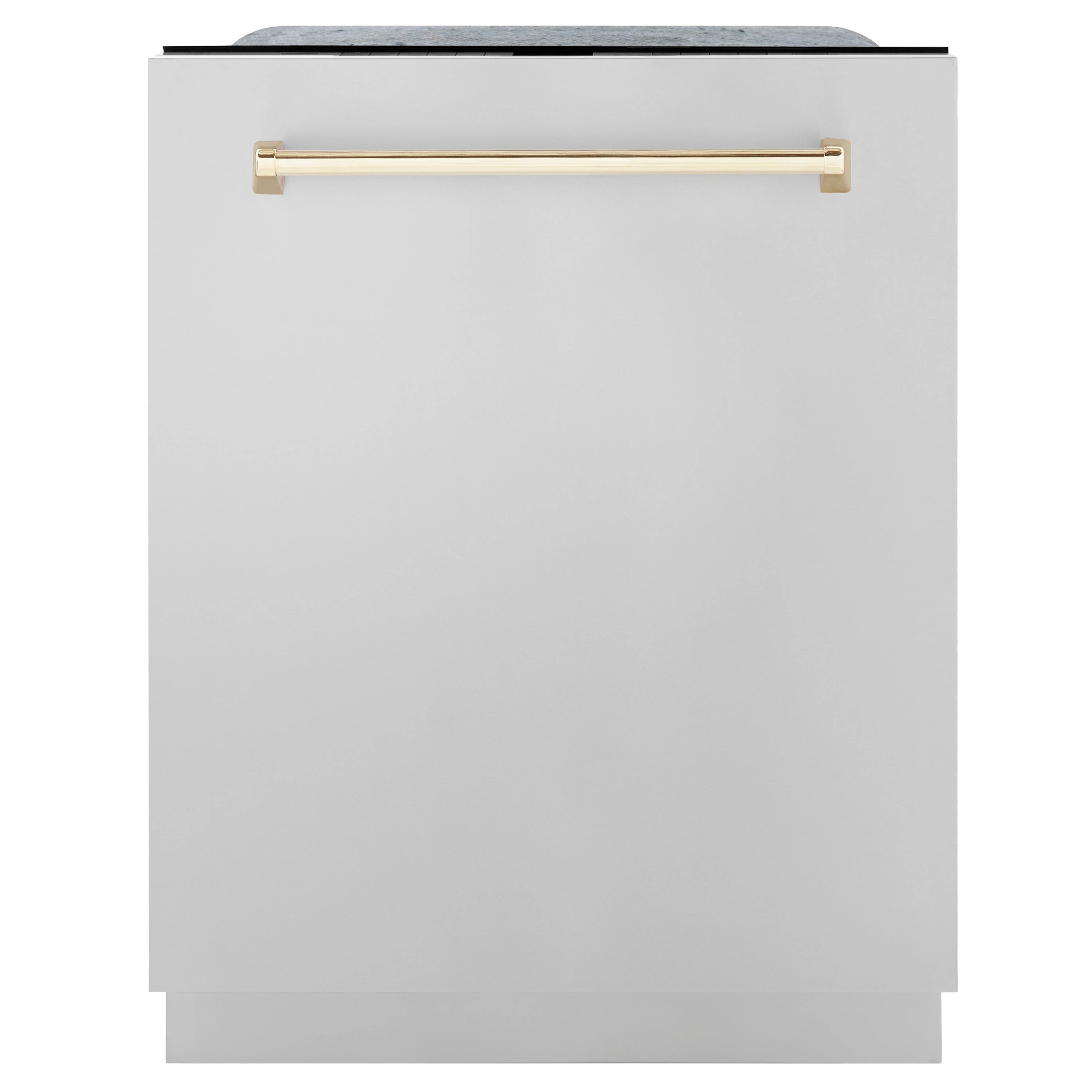Light gray oven drawer front with gold horizontal handle