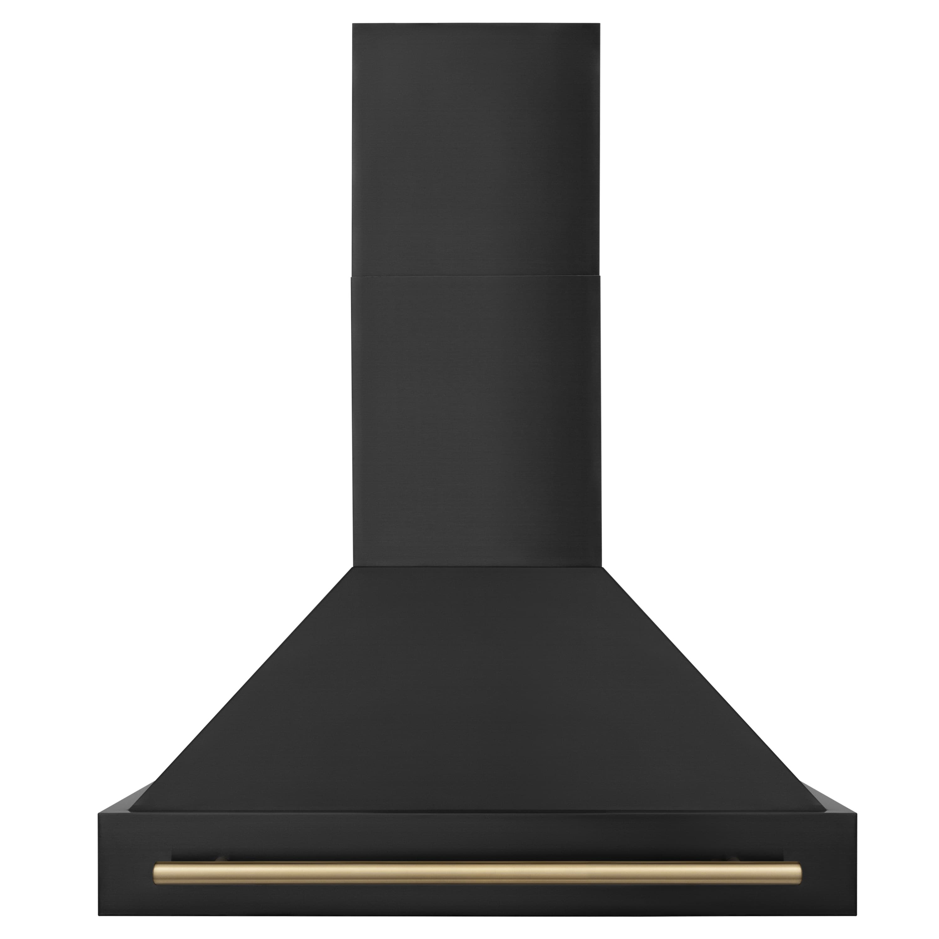Black range hood with stainless gold-tone control panel trim and chimney body