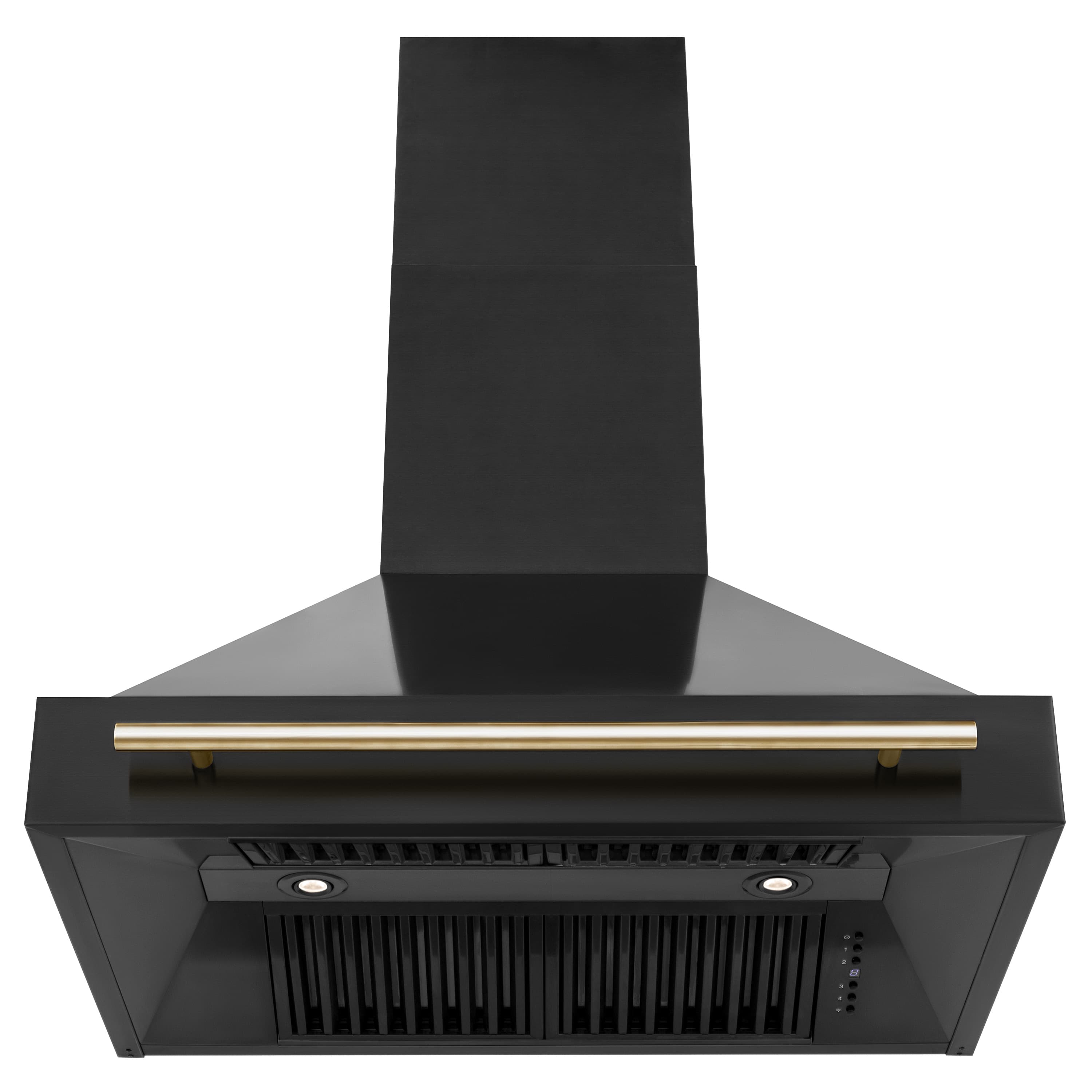 Black range hood underside with vent grille and long gold bar handle