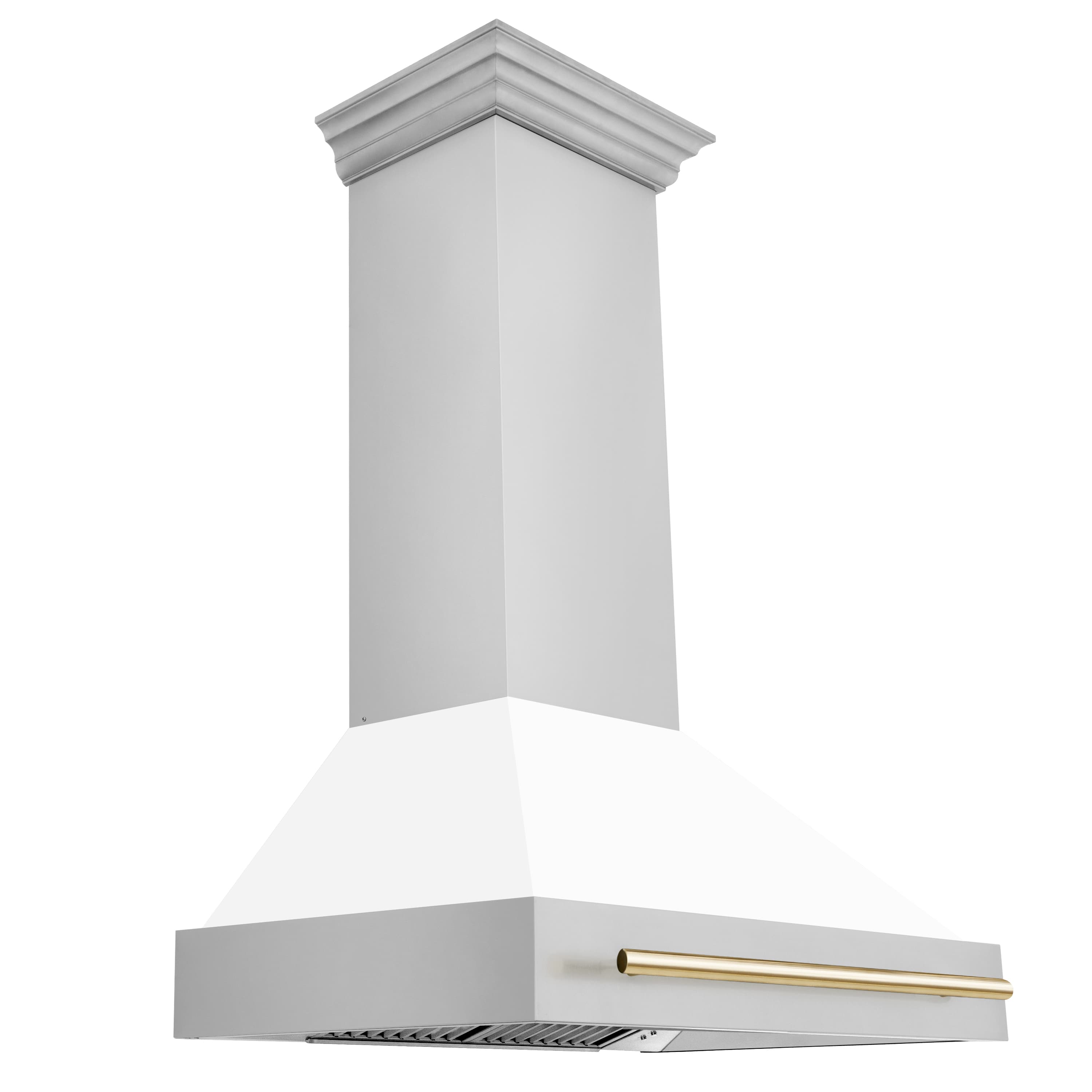 Stainless chimney range hood with brass-accented vent strip