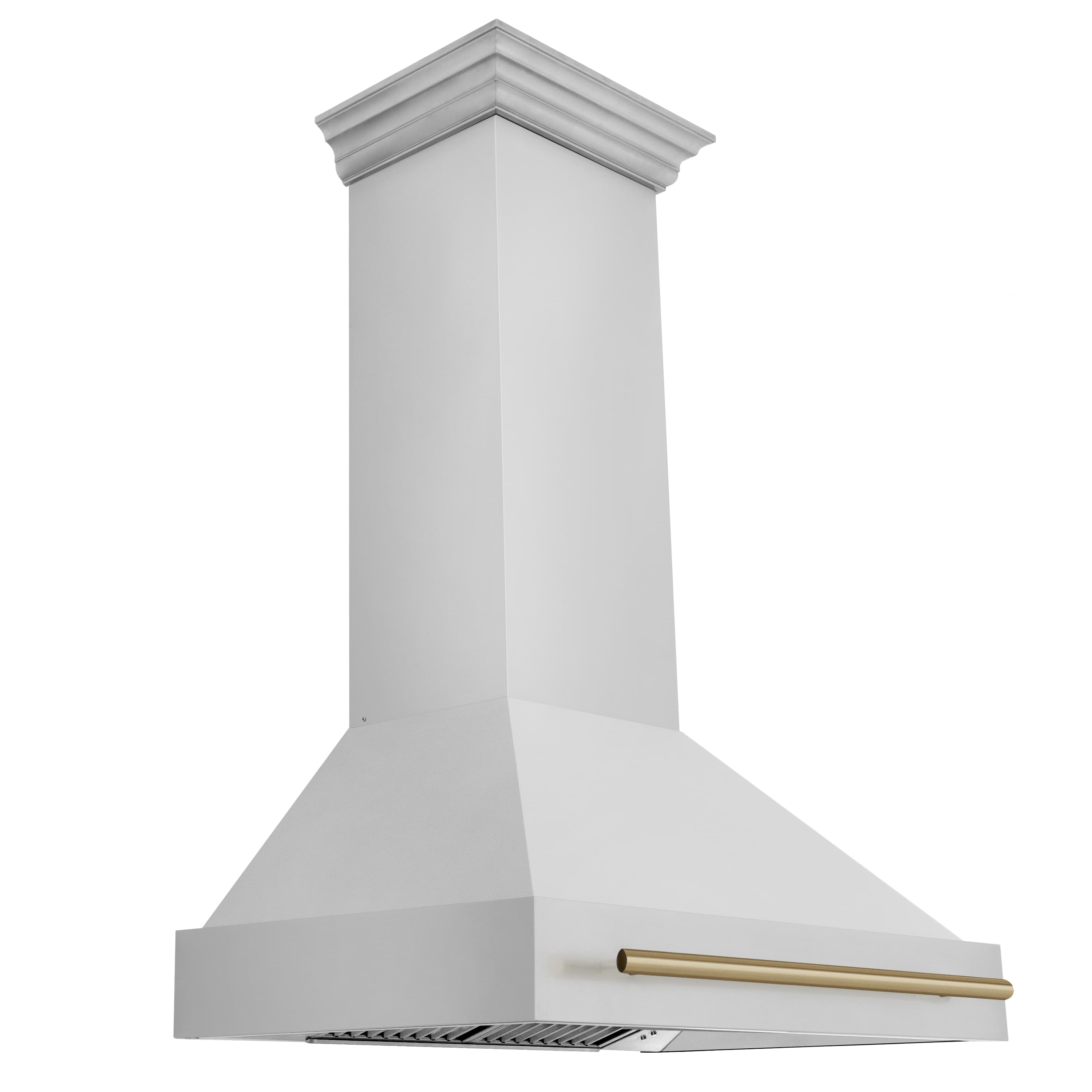 Range hood chimney with gold bar handle, stainless finish
