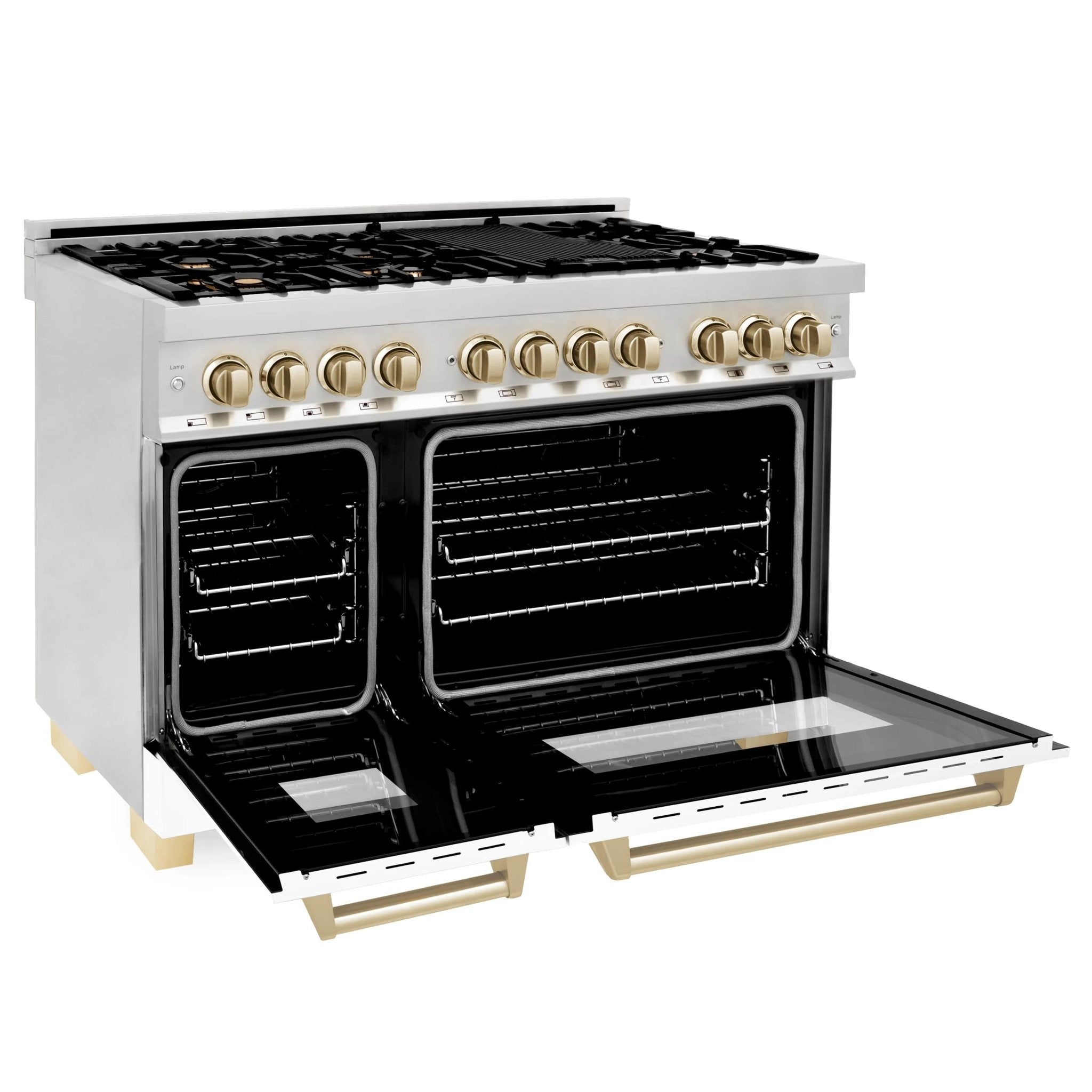 Open range oven with black interior and pull-out rack