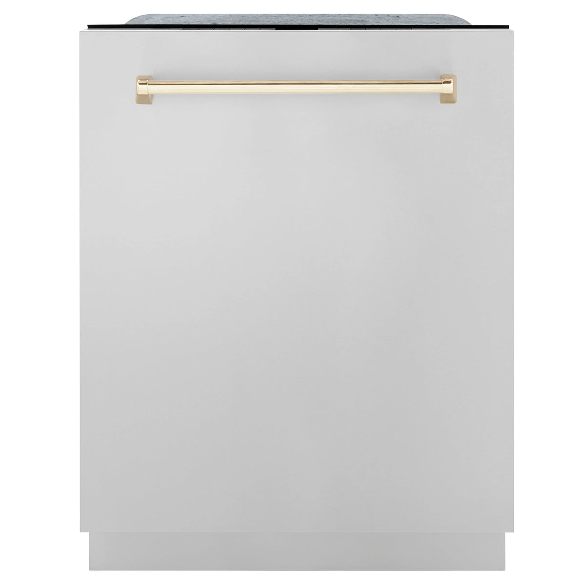 Dishwasher front panel with gold bar handle and top control trim