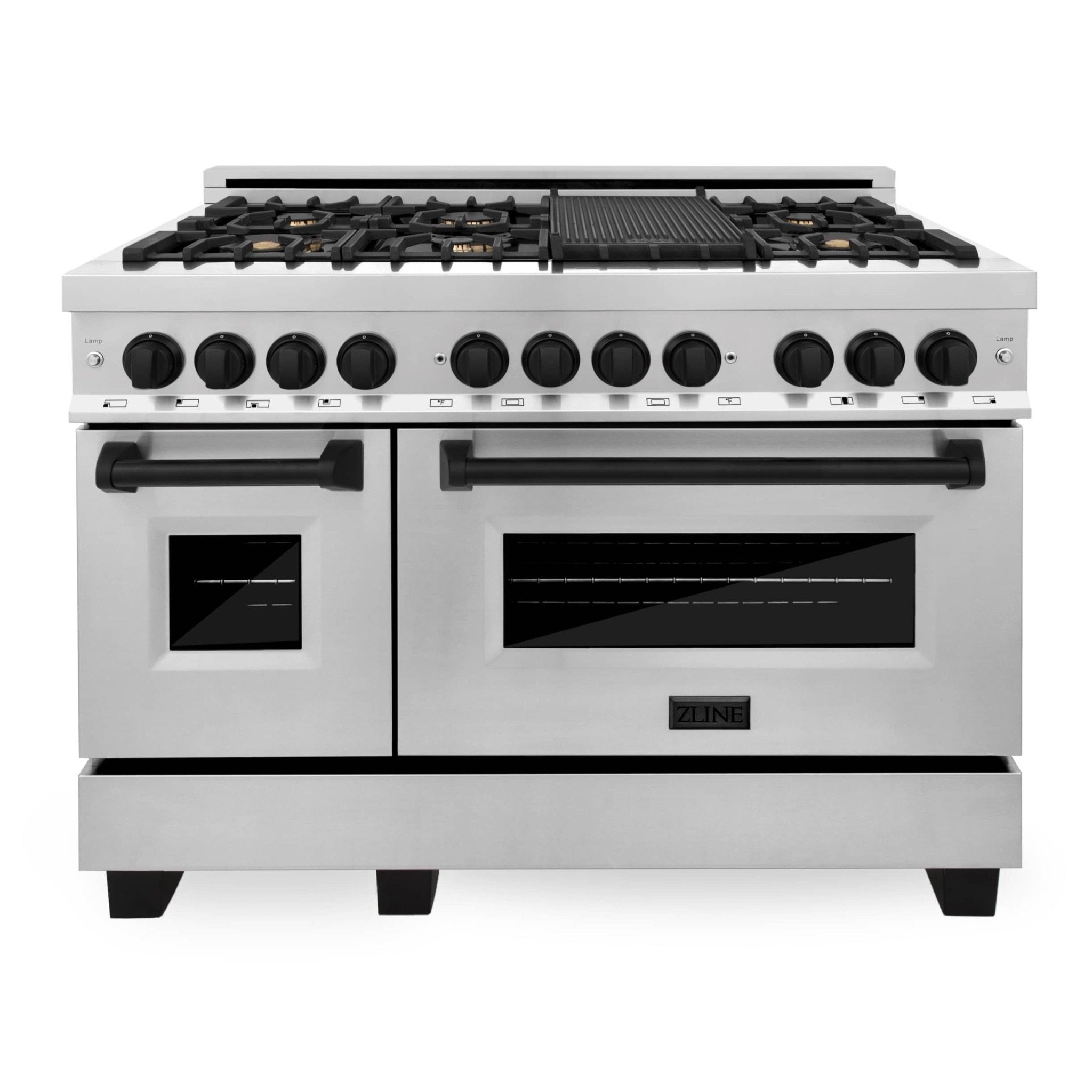 48-inch slide-in range with black cooktop, multiple gas burners, and double ovens