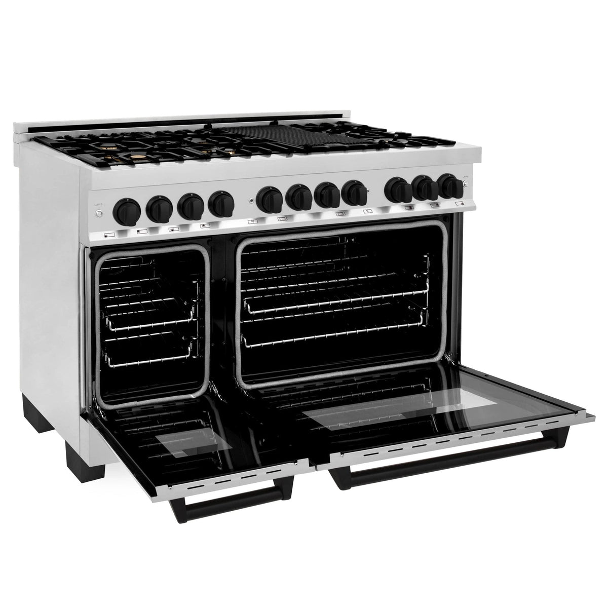 Freestanding gas range with open ovens and burner grates on top