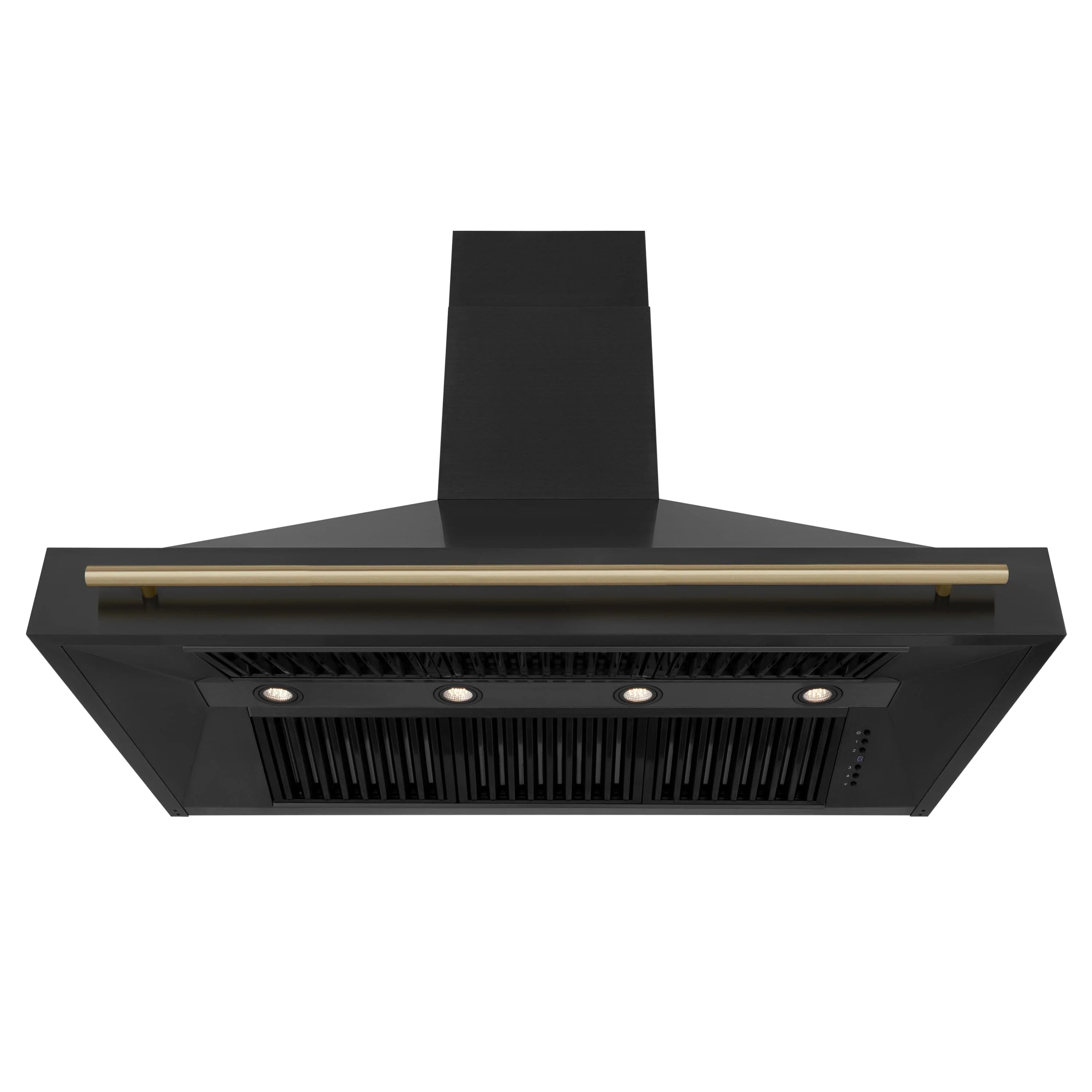 Black wall-mount range hood underside with gold front vent bar