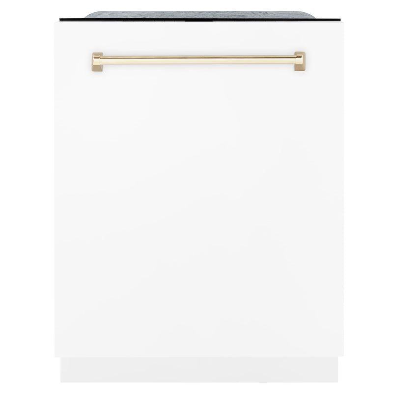 ZLINE Autograph Edition 3-Piece Appliance Package - 48" Gas Range, Wall Mounted Range Hood, & 24" Tall Tub Dishwasher in Stainless Steel and White Door with Gold Trim Appliance Package ZLINE 