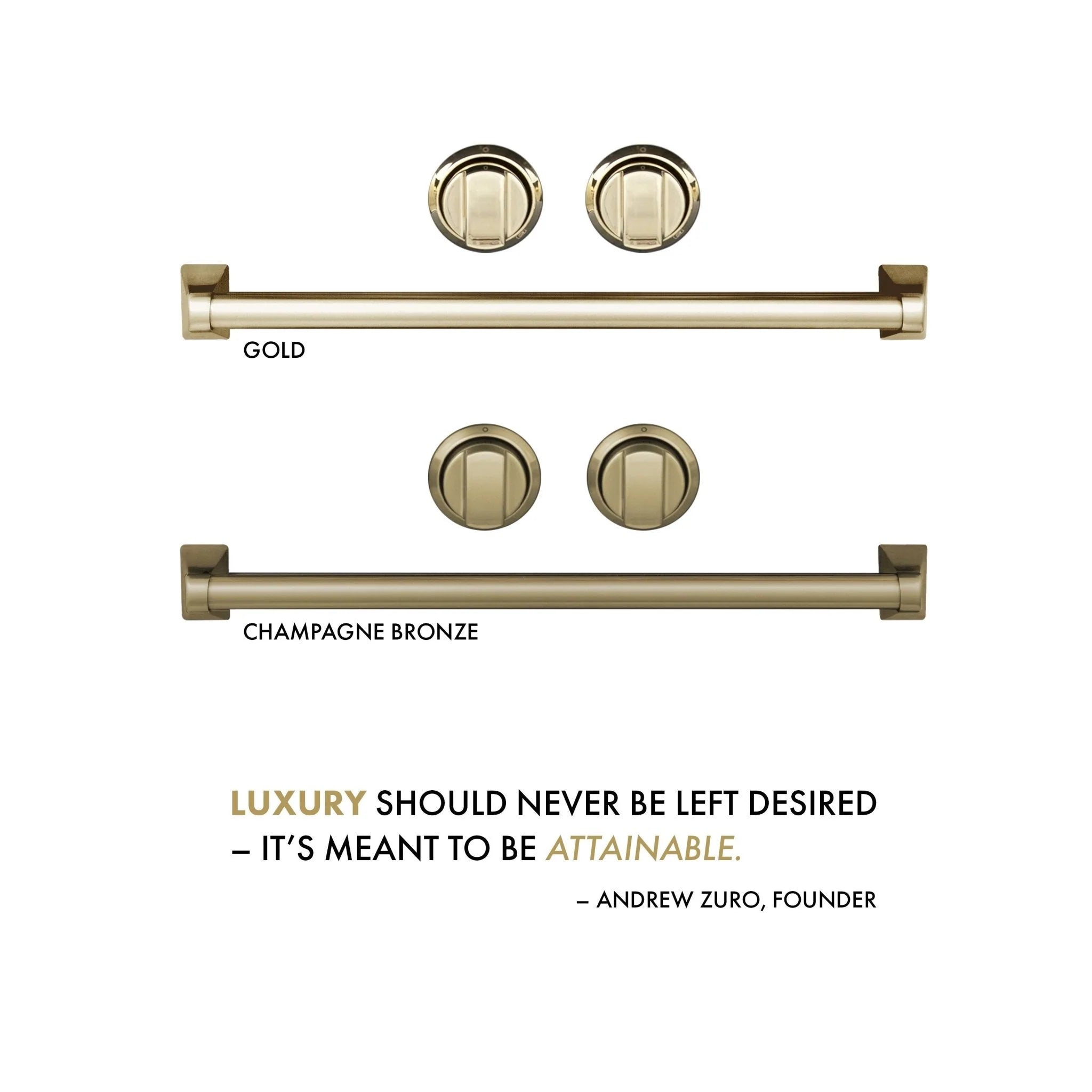 Burner knob and handle finish options in gold and champagne bronze