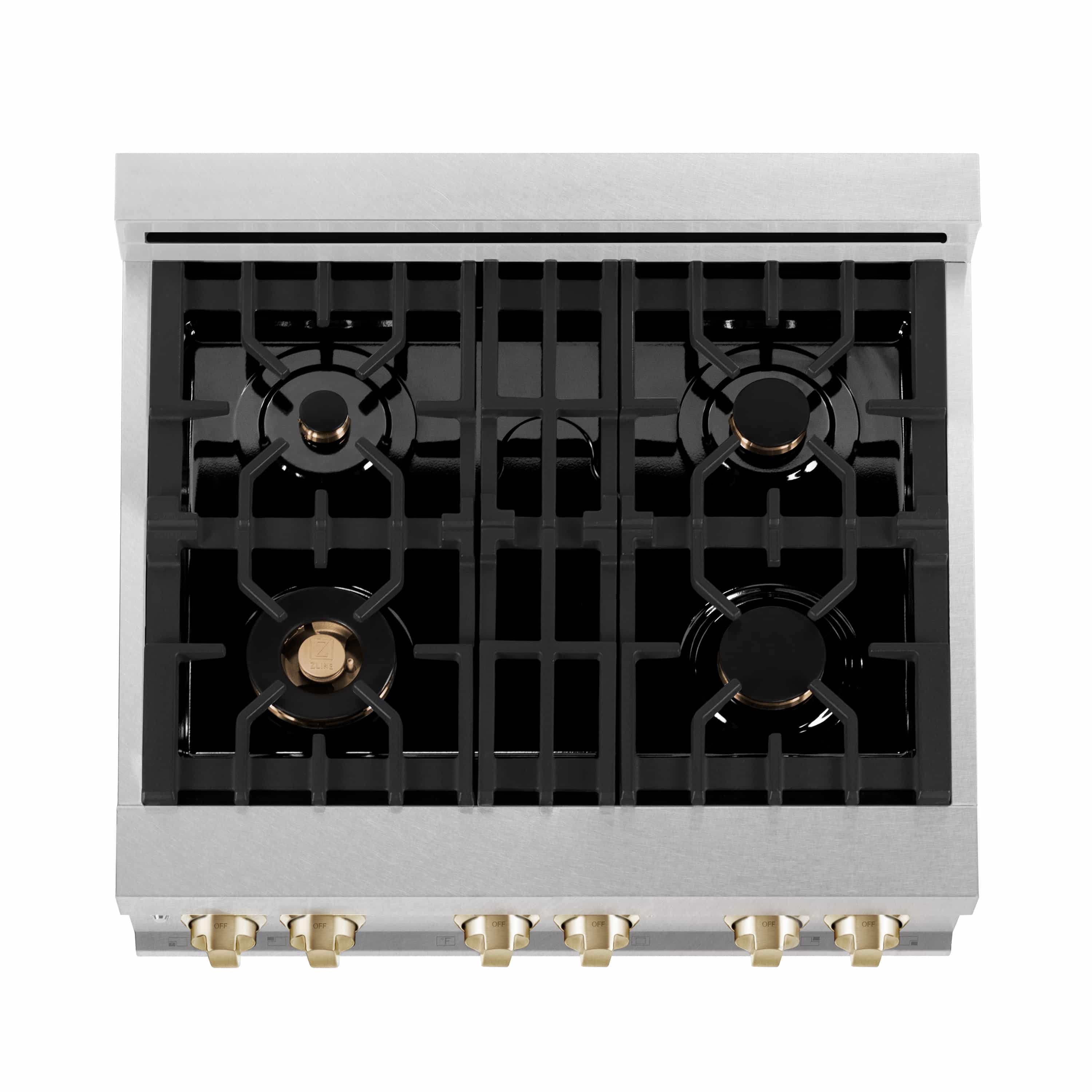 Dual fuel range gas burner grates with four black burner heads and gold knobs