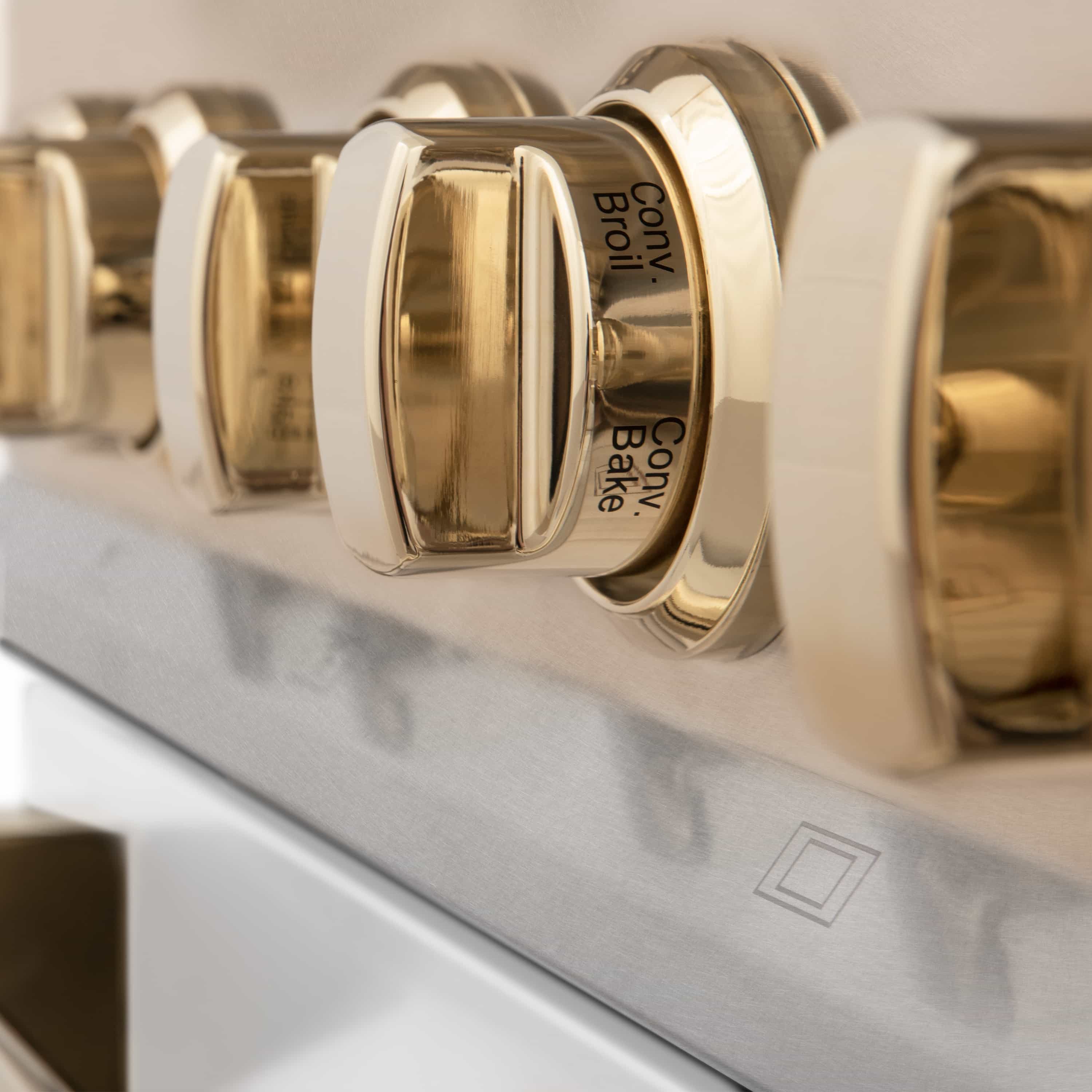 30-inch dual fuel range control knobs in satin stainless with gold accents