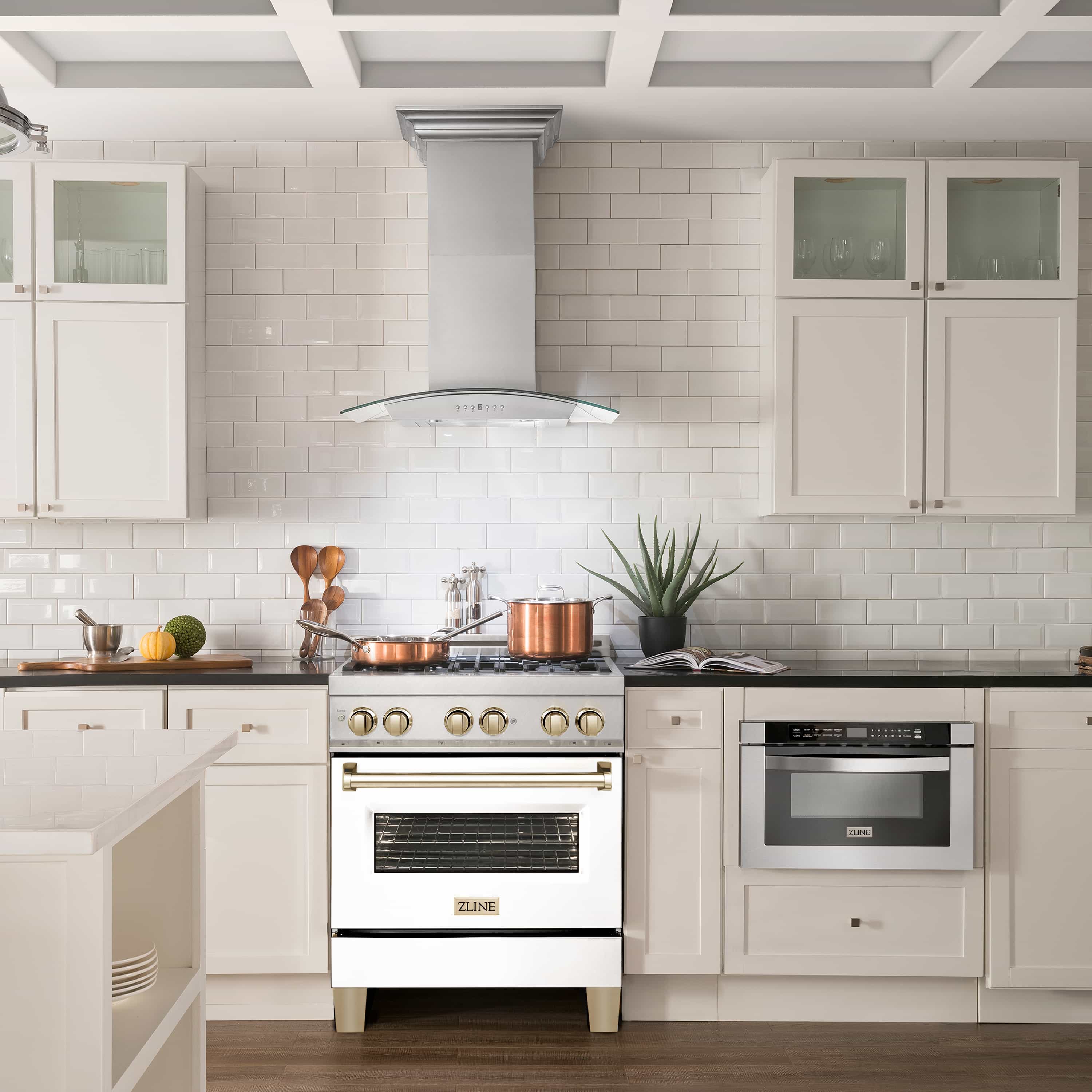 30-inch dual fuel range with satin stainless body, white door, and gold control trim