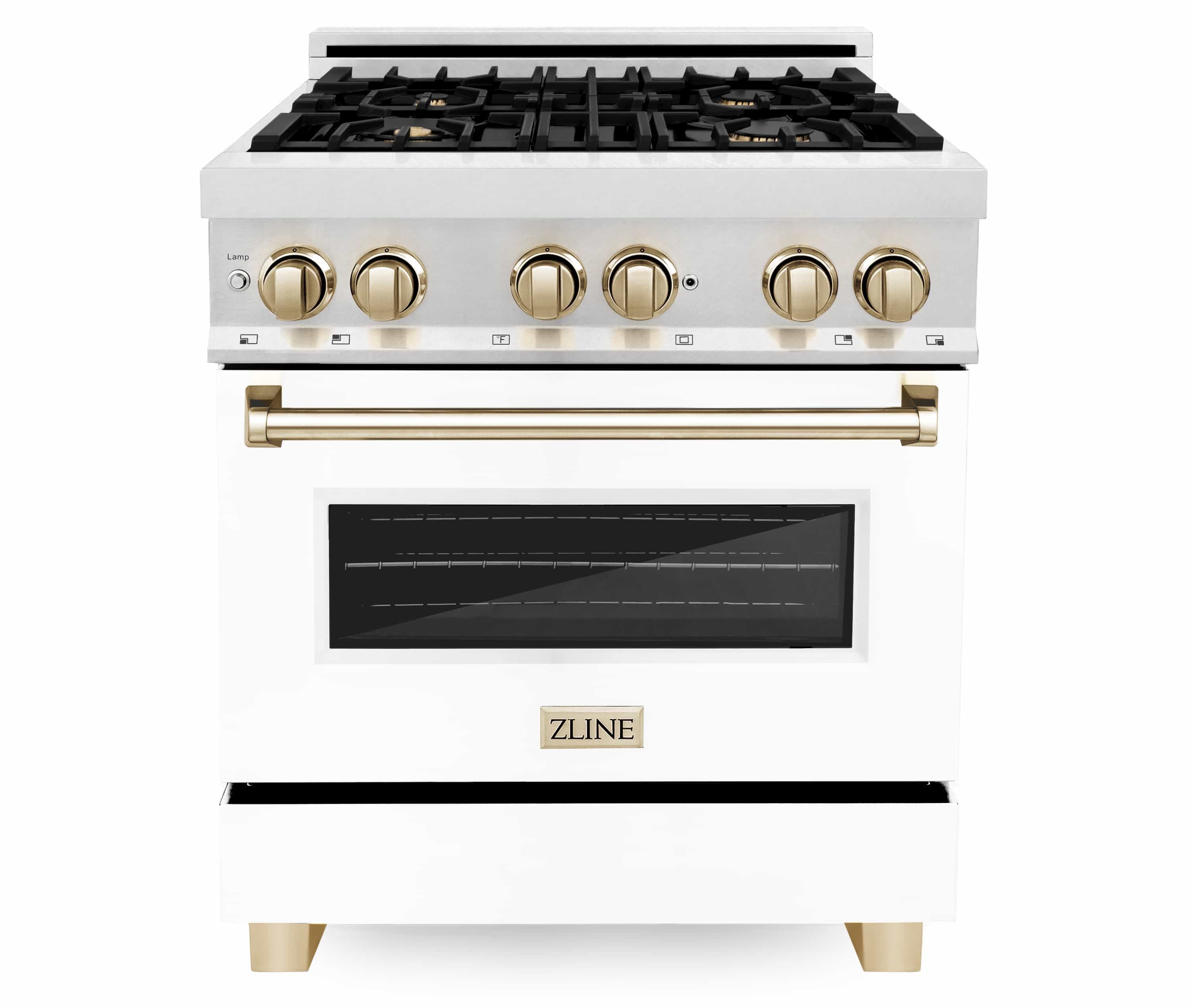 Dual fuel range front view with satin stainless top, gold handles, and black oven window