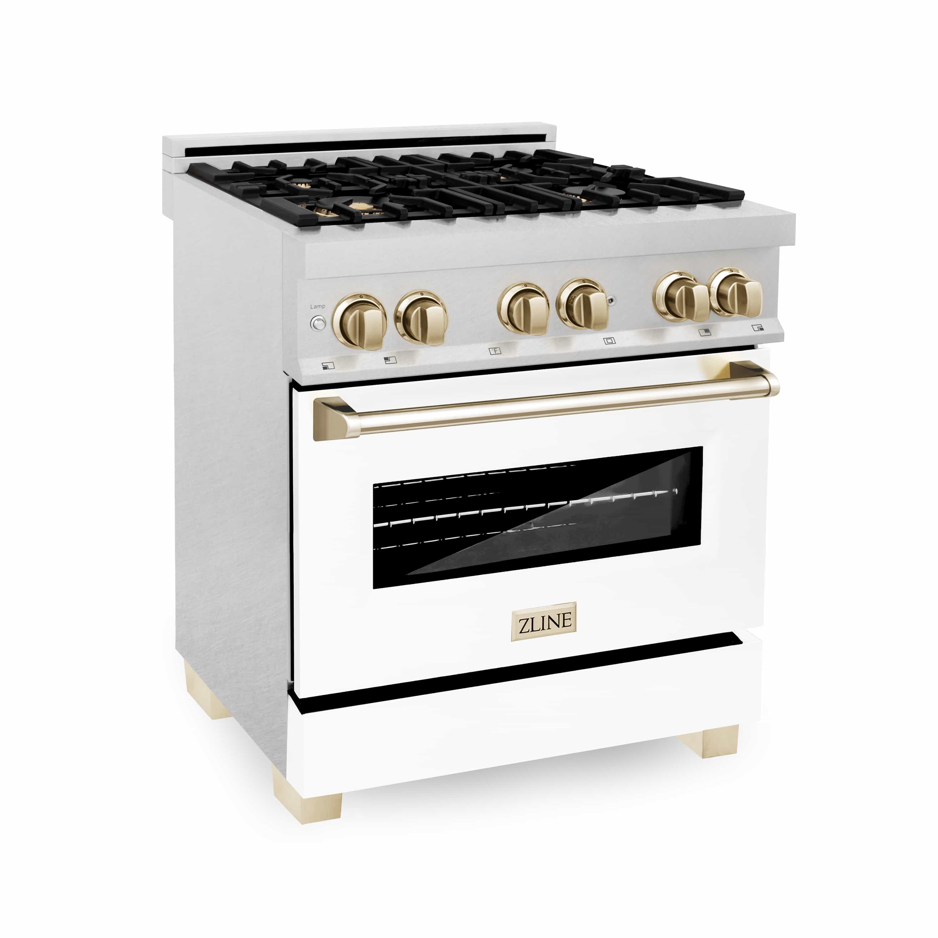 Dual fuel range with closed oven door, black glass window, gold control knobs and handles