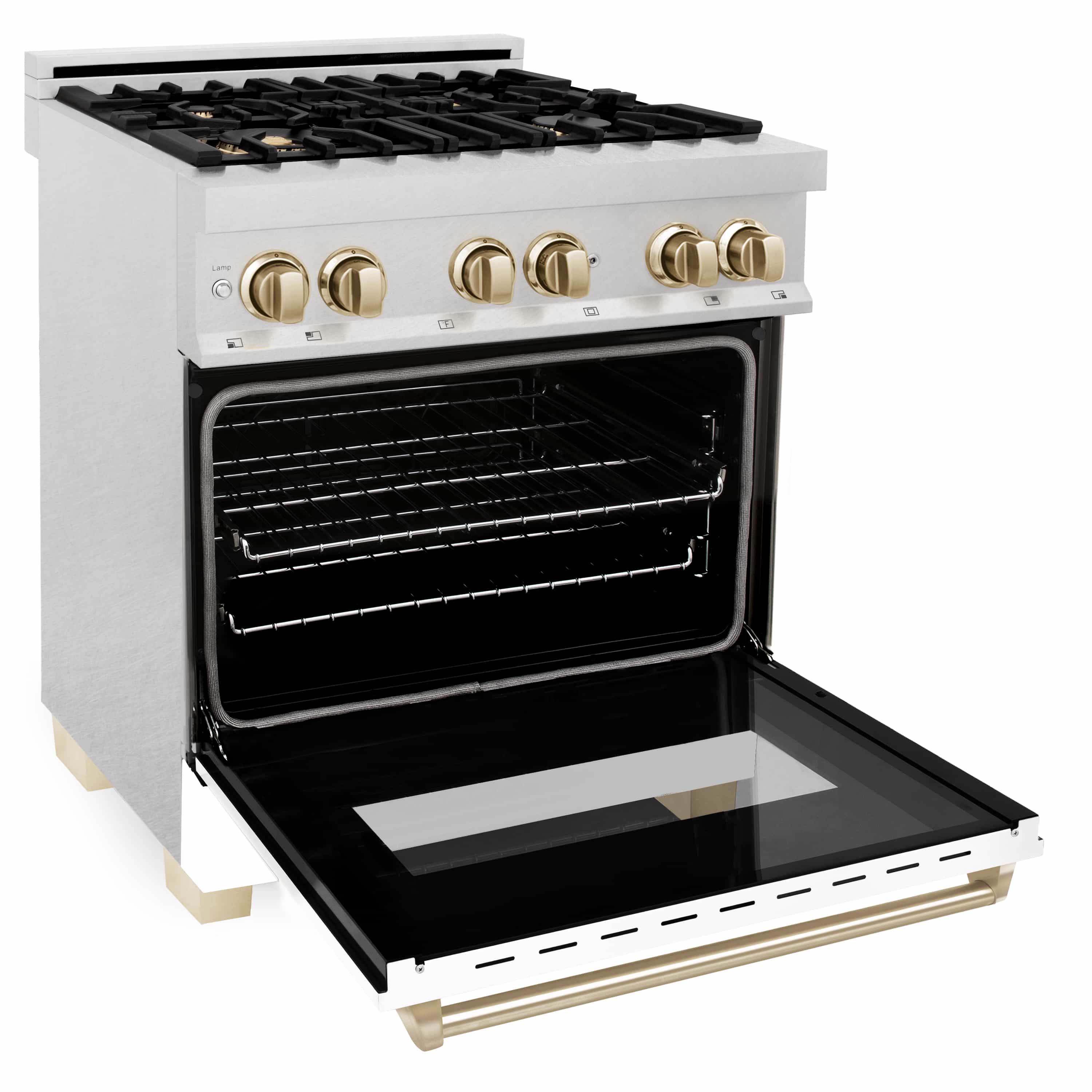 Dual fuel range with open electric oven door, white exterior and gold knob accents