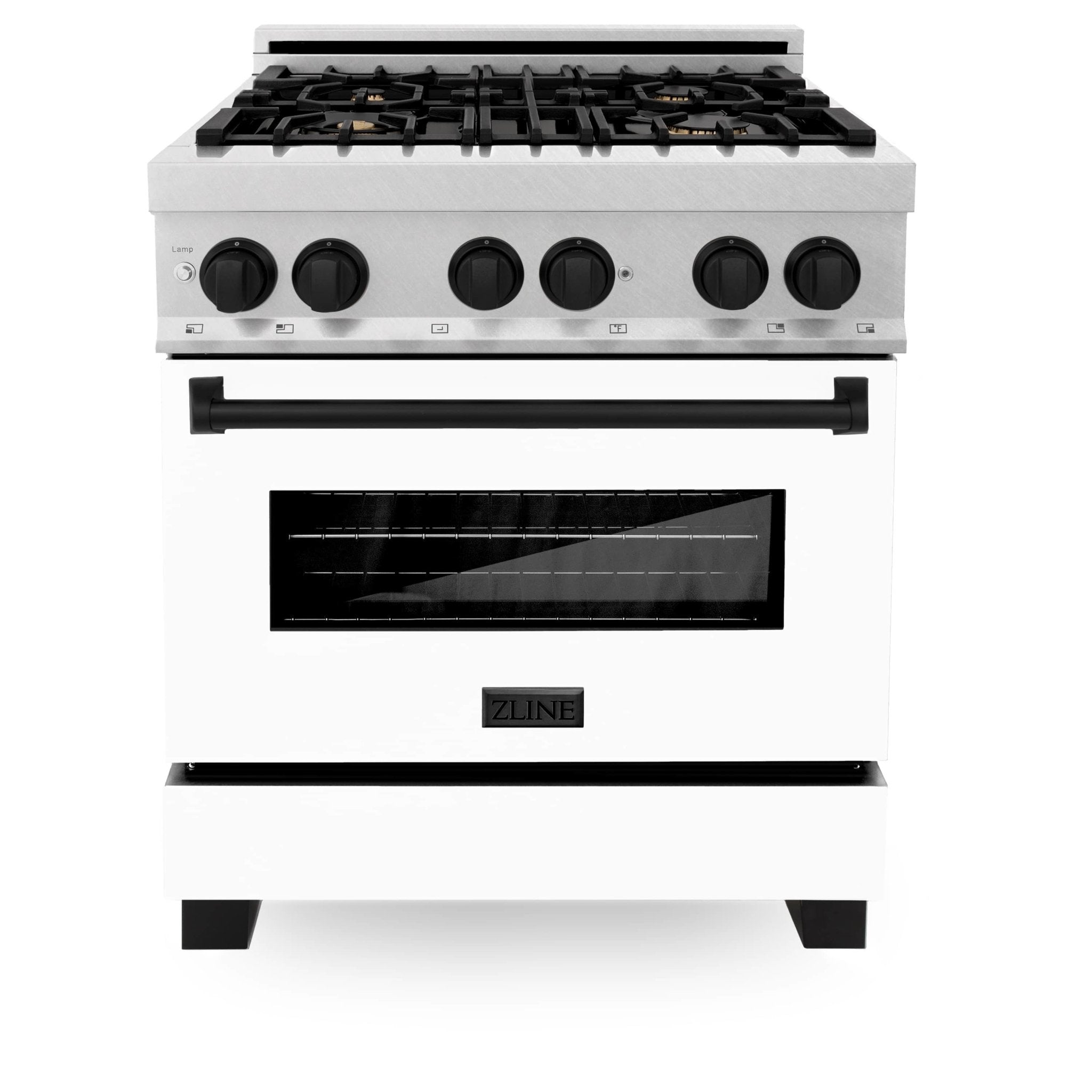 Dual fuel range with black gas burners, stainless control panel, and oven window