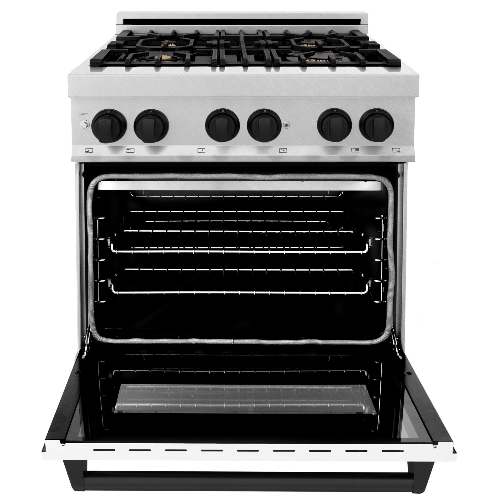 Dual fuel range with open oven door showing black bake cavity and racks