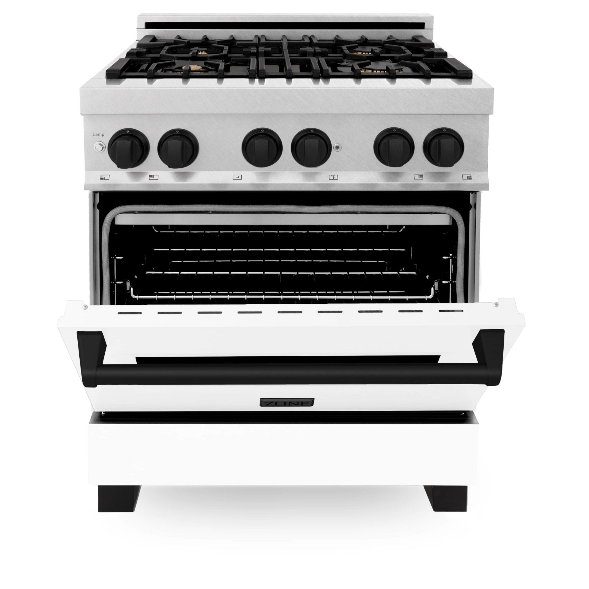 Dual fuel range with black control knobs, matte door, and open oven