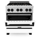 ZLINE Autograph Edition 30" 4.0 cu. ft. Dual Fuel Range with Gas Stove and Electric Oven in DuraSnow® Stainless Steel with White Matte Door and Matte Black Accents (RASZ-WM-30-MB) Ranges ZLINE 