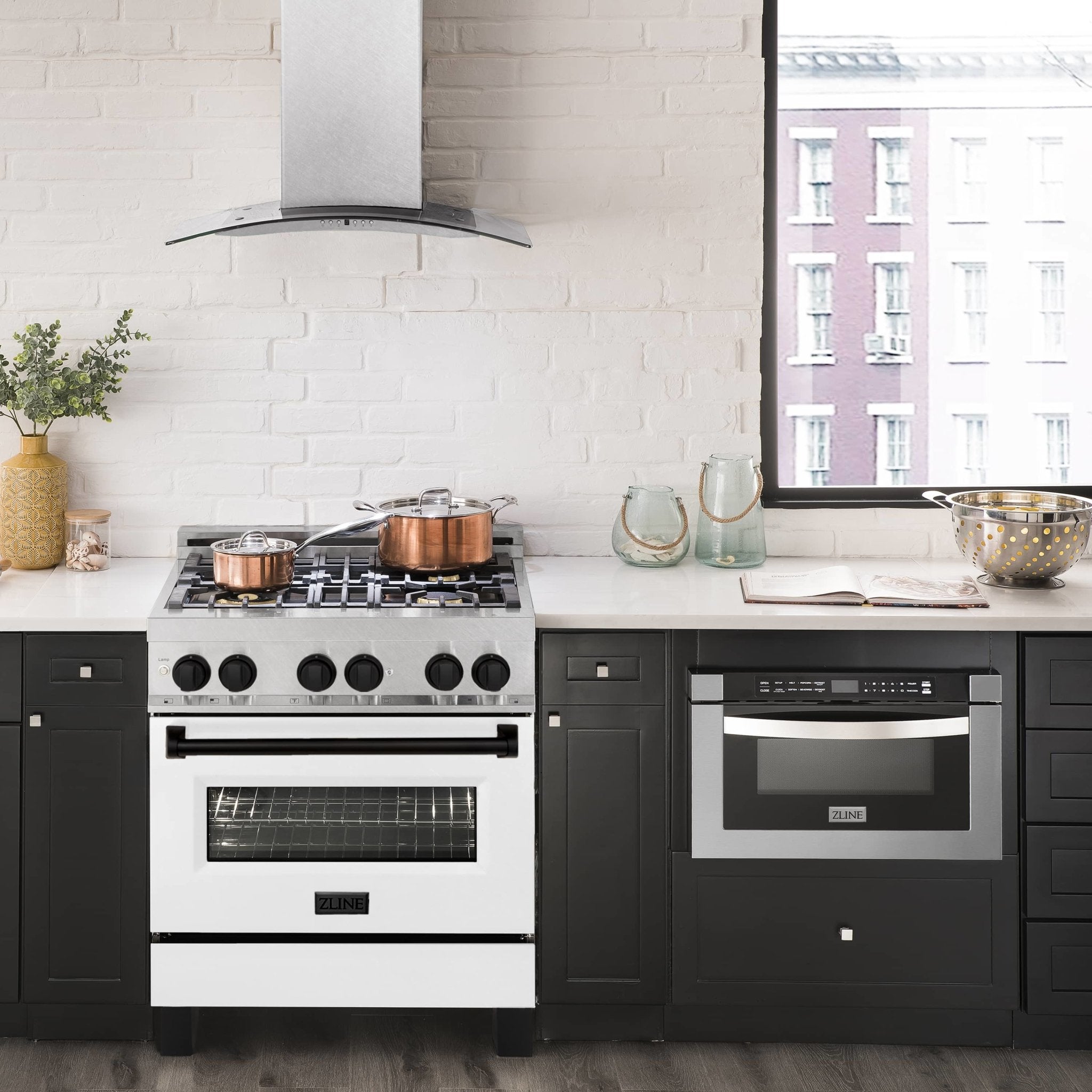Dual fuel range in satin stainless with white matte door and black trim