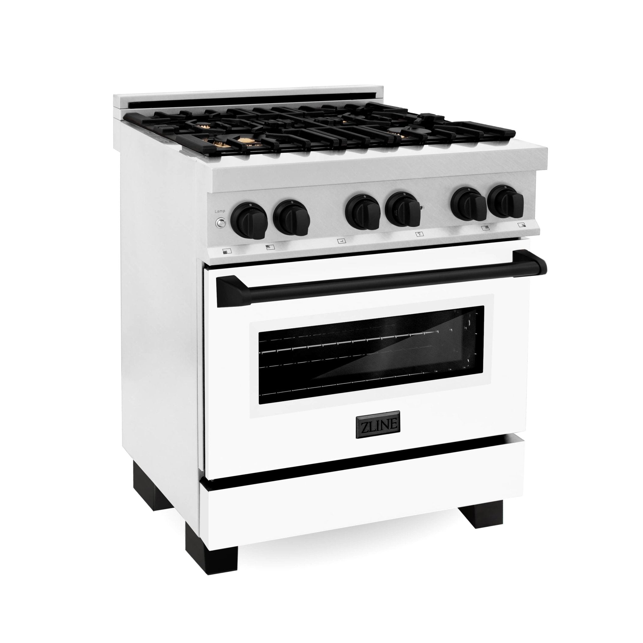 Dual fuel range with black burners, stainless body, and closed oven door
