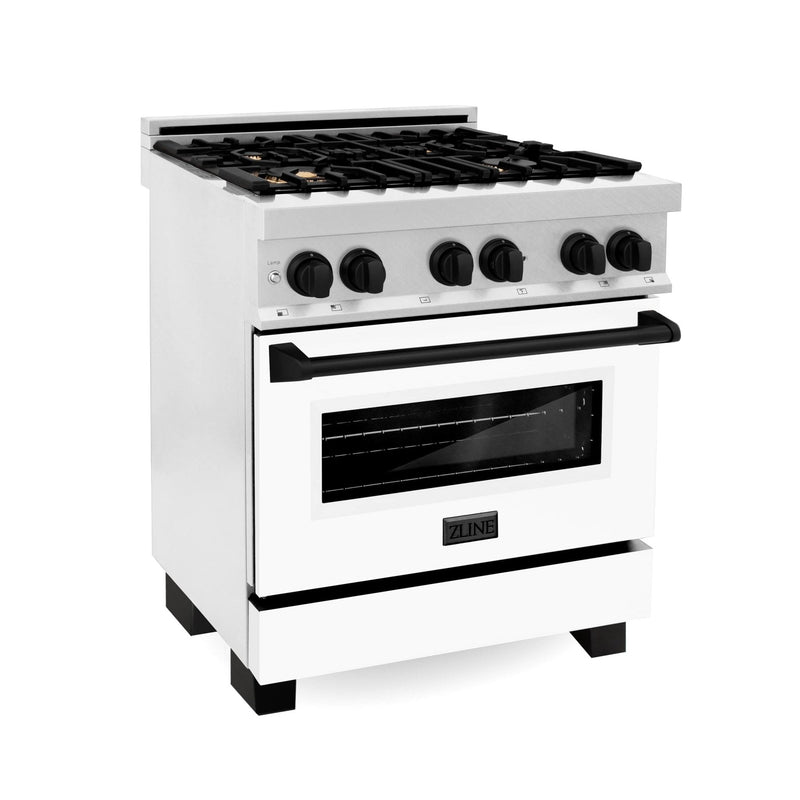 ZLINE Autograph Edition 30" 4.0 cu. ft. Dual Fuel Range with Gas Stove and Electric Oven in DuraSnow® Stainless Steel with White Matte Door and Matte Black Accents (RASZ-WM-30-MB) Ranges ZLINE 