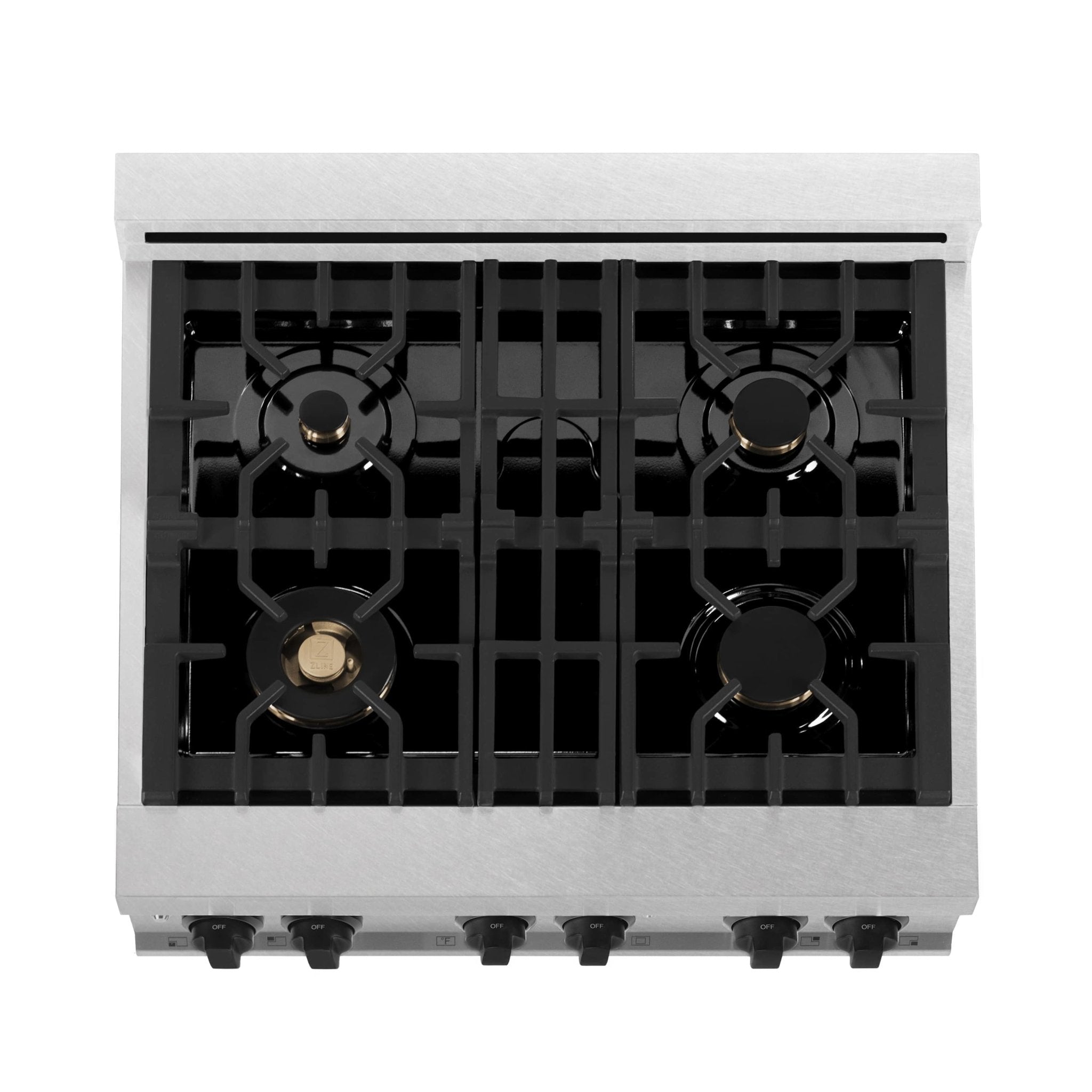 Dual fuel range gas cooktop with four black grates and burner caps