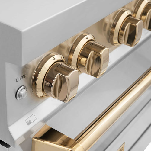 Dual fuel range control panel with gold rotary burner knobs