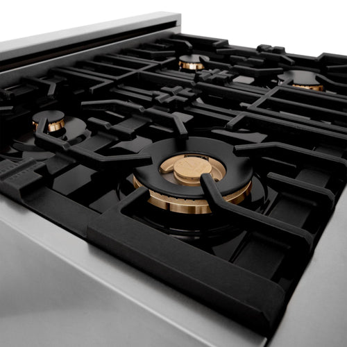 Black gas burners on stainless cooktop with bronze burner cap accents